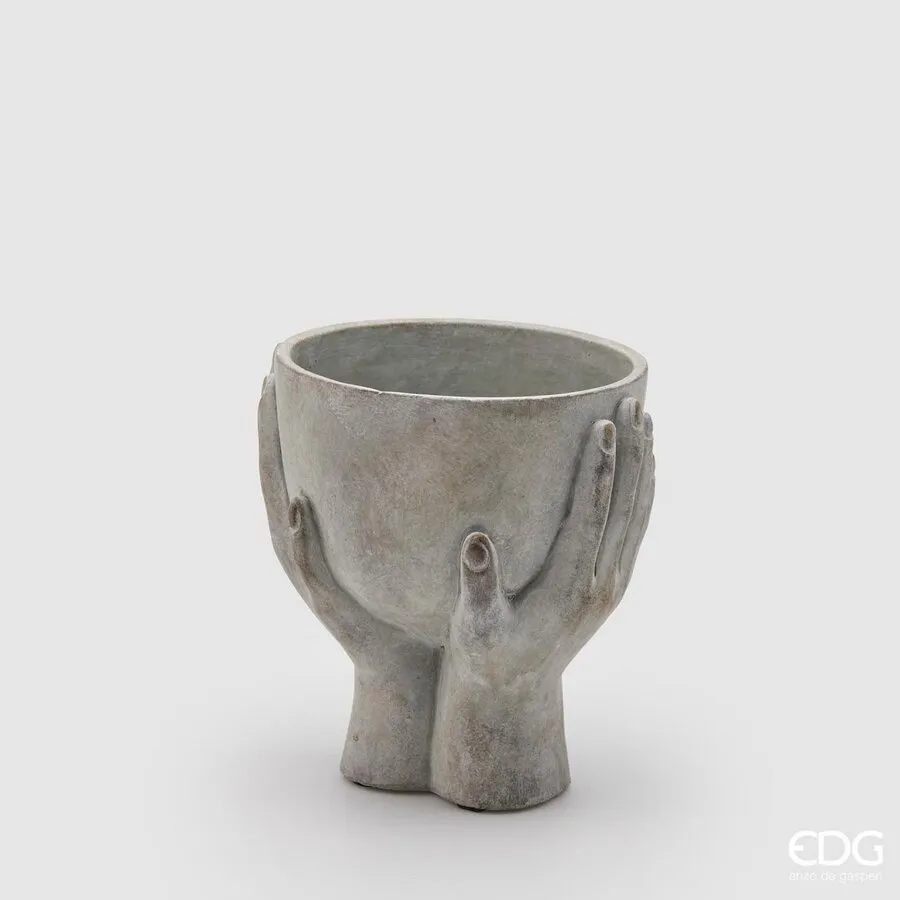 EDG Enzo De Gasperi Concrete Vase Hands with Bowl H 20 Cm D 17 Cm Grey