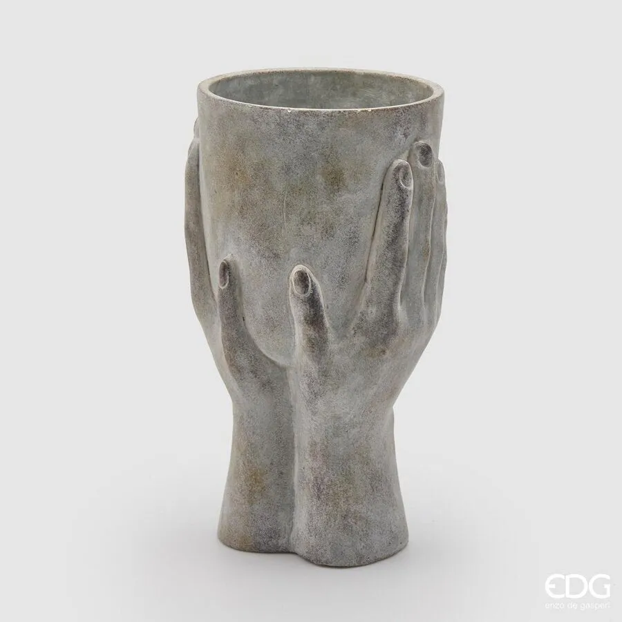 EDG Enzo De Gasperi Concrete Vase Hands with Bowl H 34 Cm D 18 Cm Grey