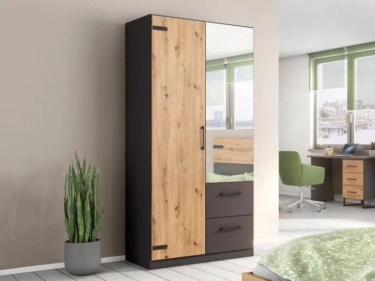 Armoire BUTTO 2 portes 2 tiroirs chêne artisan/gris métal avec miroir