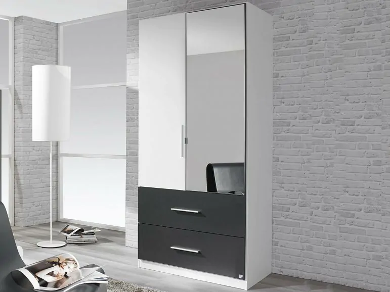 Armoire ALVARO 2 portes 2 tiroirs blanc/gris métal avec miroir