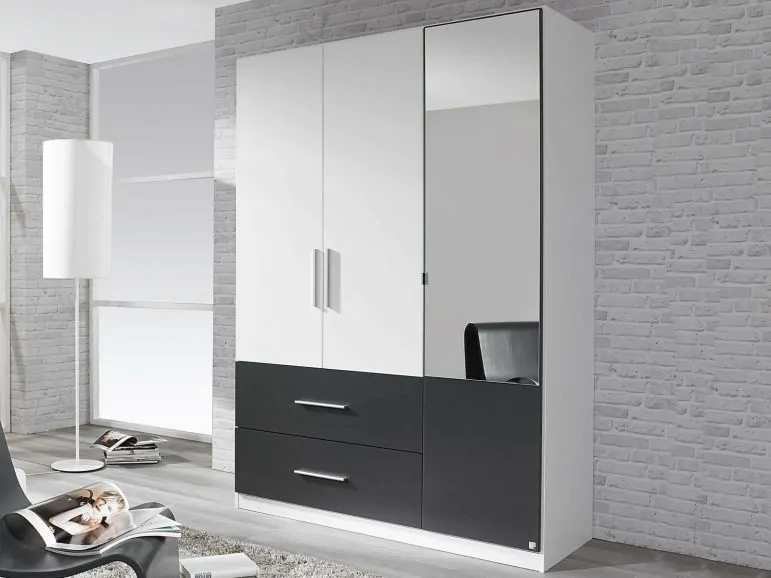 Armoire ALVARO 3 portes 2 tiroirs blanc/gris métal avec miroir