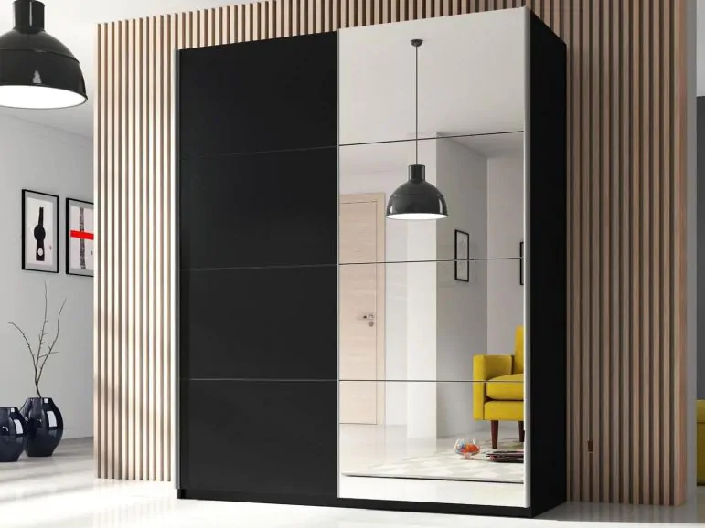 Armoire BELHAMBRA 2 portes coulissantes 150 cm noir avec miroir