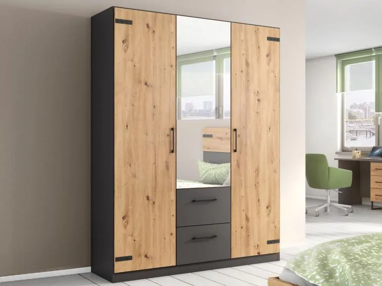 Armoire BUTTO 3 portes 2 tiroirs chêne artisan/gris métal avec miroir