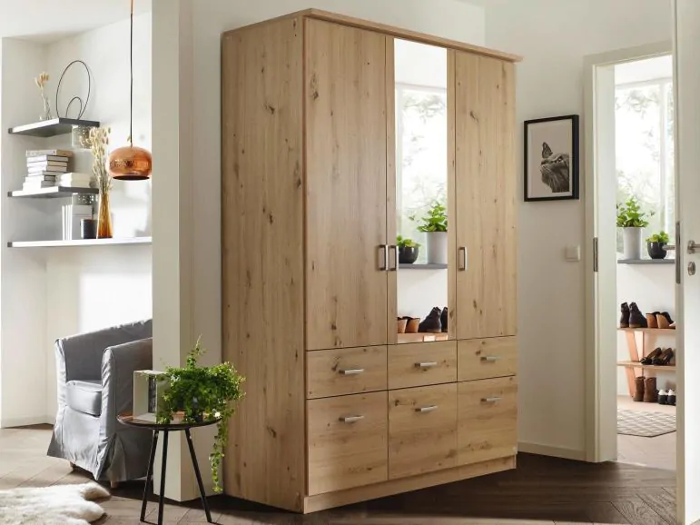 Armoire BREMA 3 portes 6 tiroirs chêne artisan avec miroir