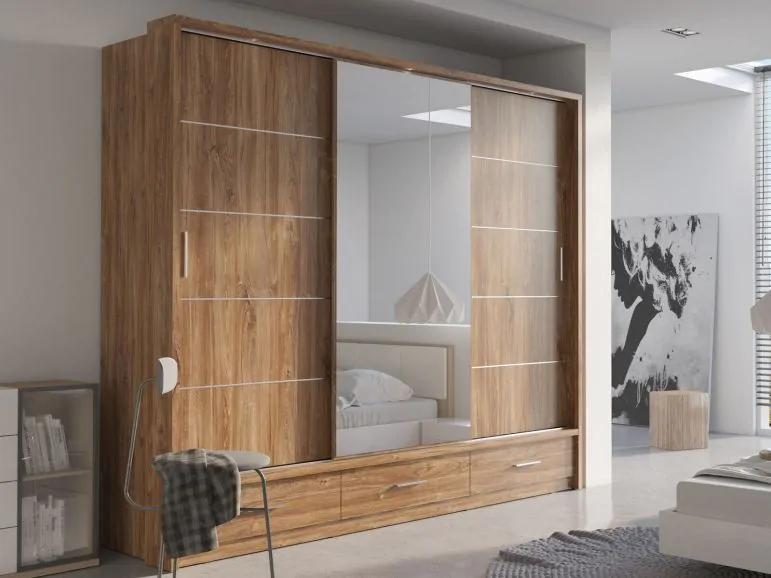 Armoire ARTEMIS 3 portes 3 tiroirs chêne stirling avec miroir