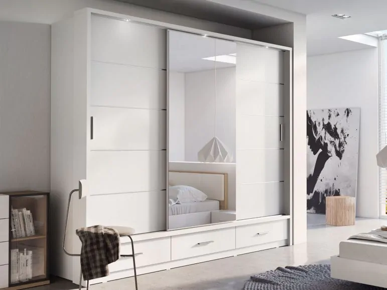 Armoire ARTEMIS 3 portes 3 tiroirs blanc avec miroir