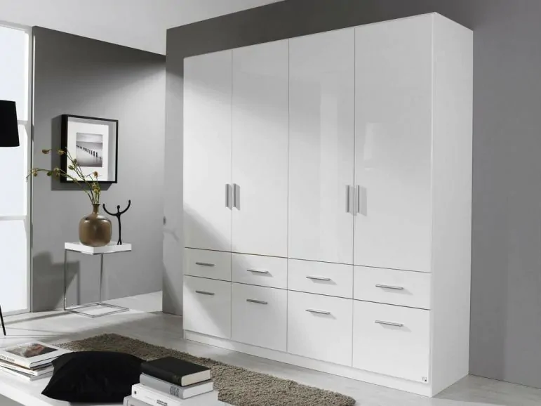 Armoire CELLON blanc 4 portes et 8 tiroirs blanc brillant