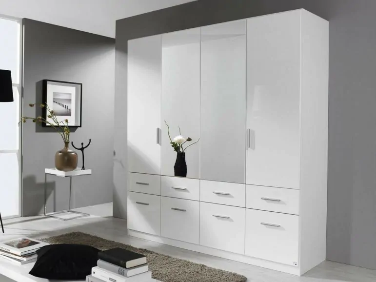 Armoire CELLON blanc 4 portes et 8 tiroirs avec miroir blanc brillant
