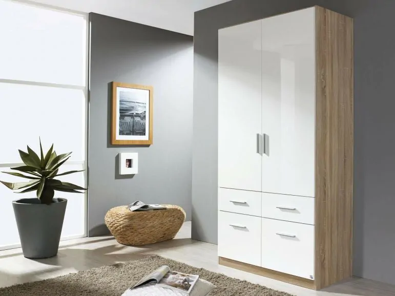 Armoire CELLON sonoma 2 portes et 4 tiroirs blanc brillant