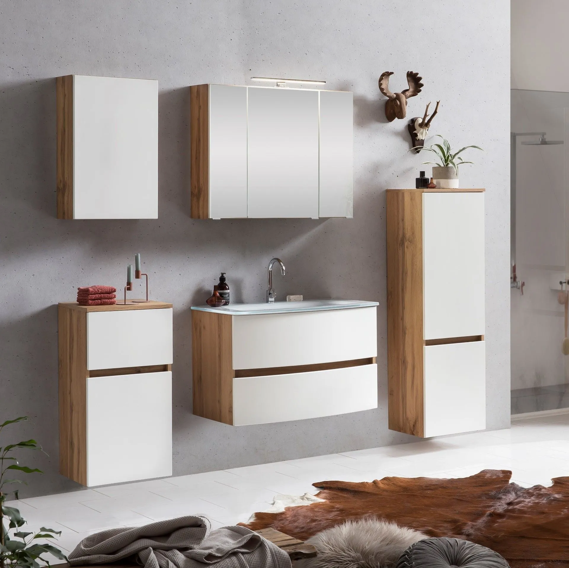 Ensemble de salle de bains Kornel 11 à 5 pièces avec vasque blanche - chêne/blanc mat