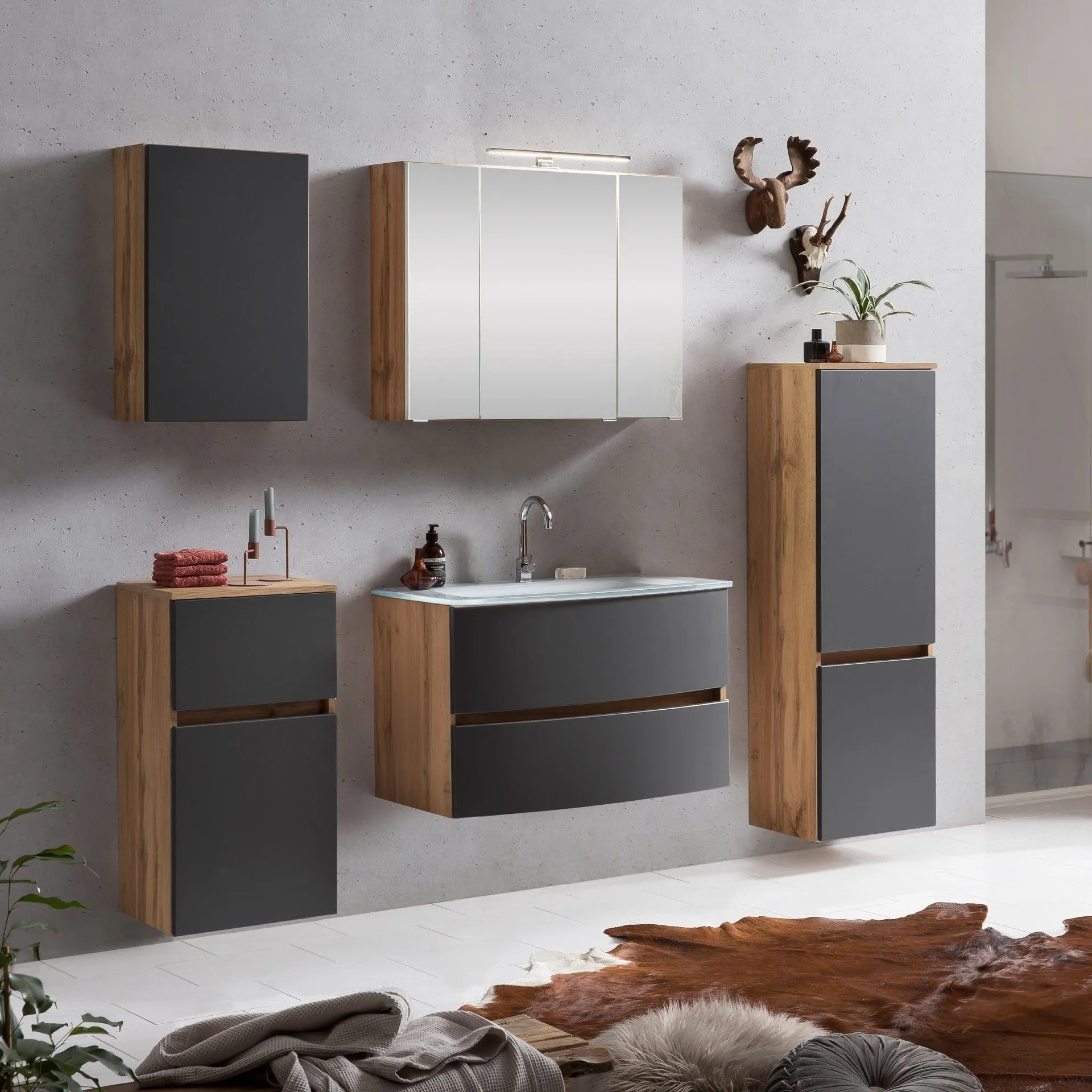 Ensemble de salle de bains Kornel 11 à 5 pièces avec vasque blanche - chêne/gris mat