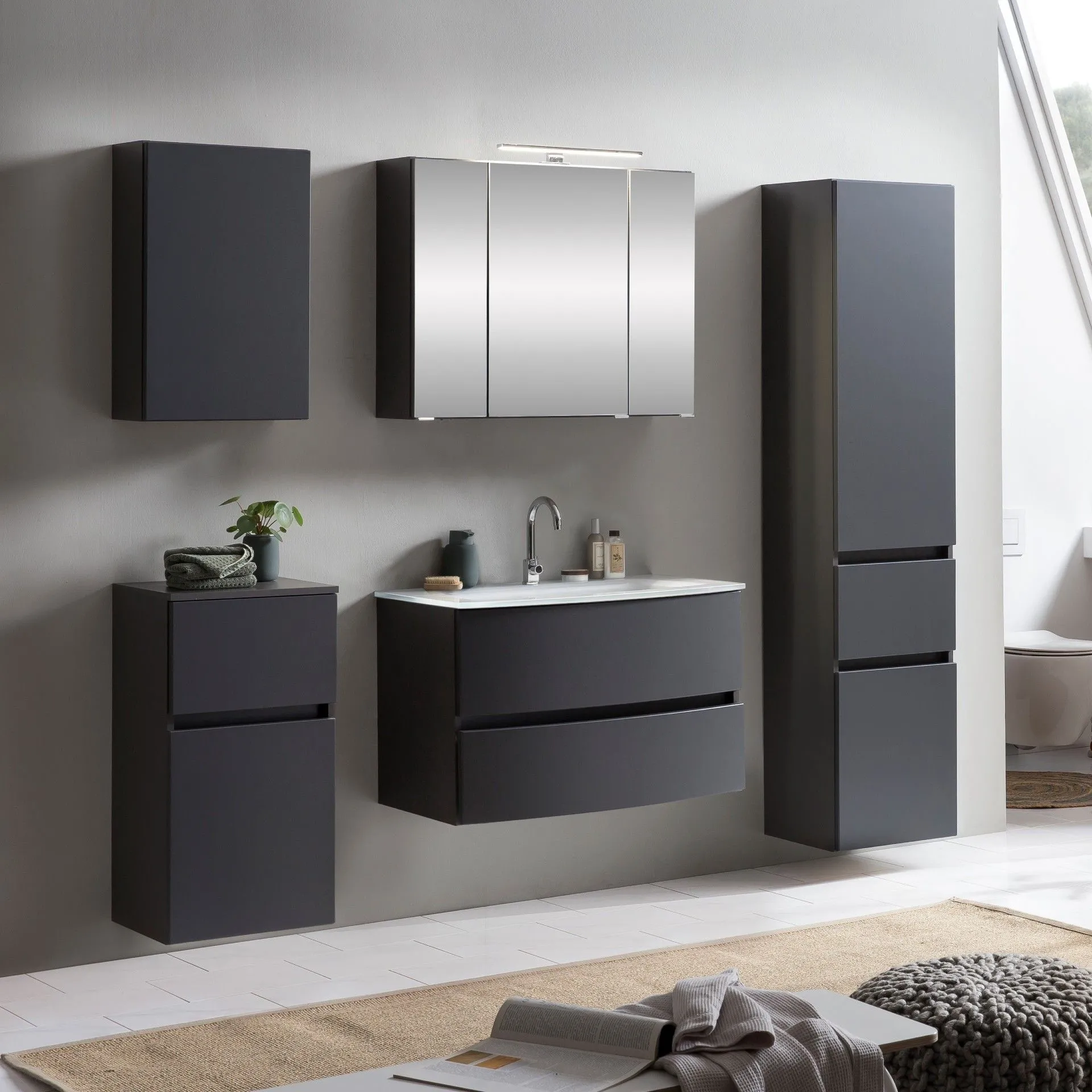 Ensemble de salle de bains Kornel 13 à 5 pièces avec vasque blanche - gris graphite