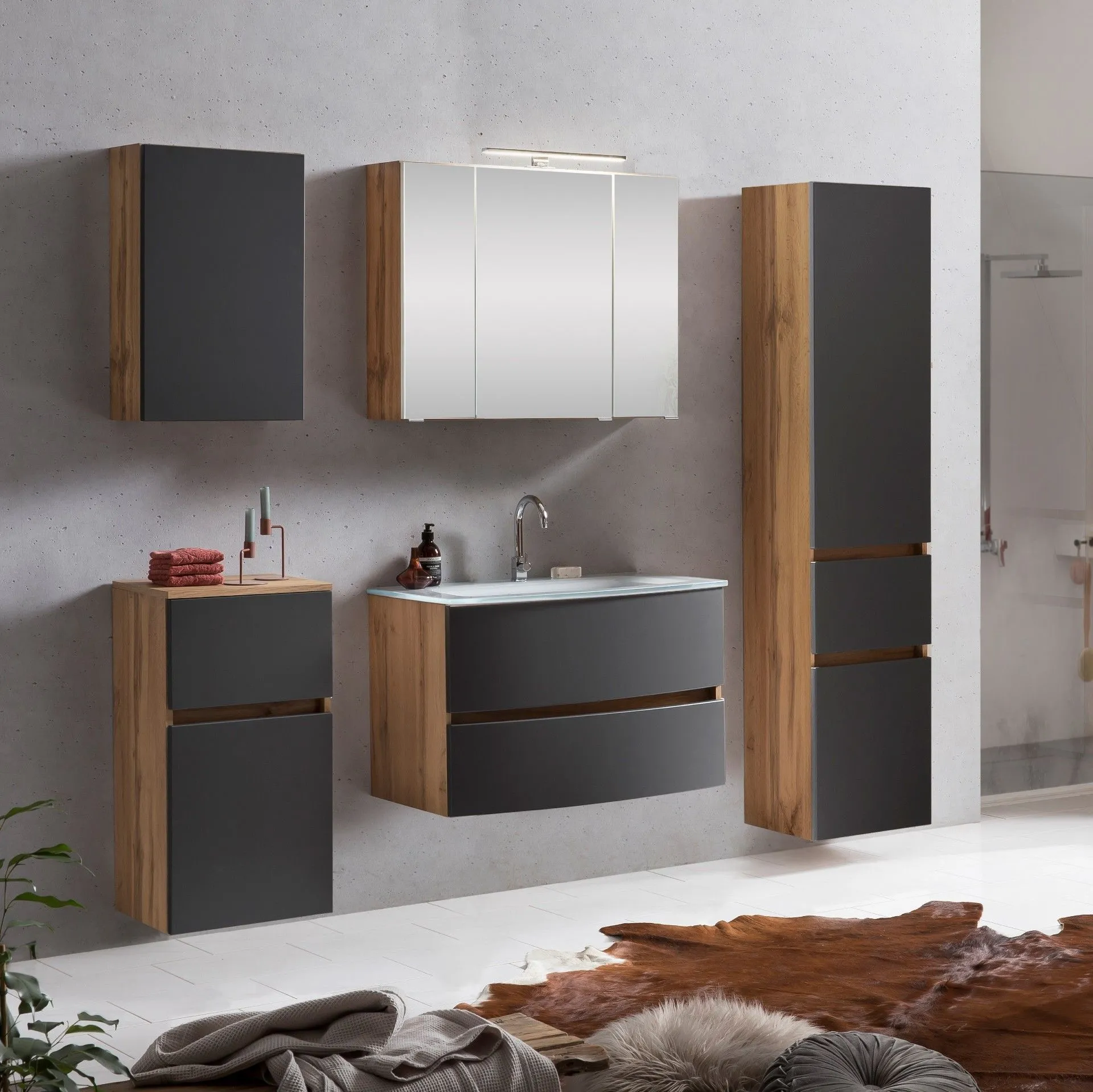 Ensemble de salle de bains Kornel 13 à 5 pièces avec vasque blanche - chêne/gris mat