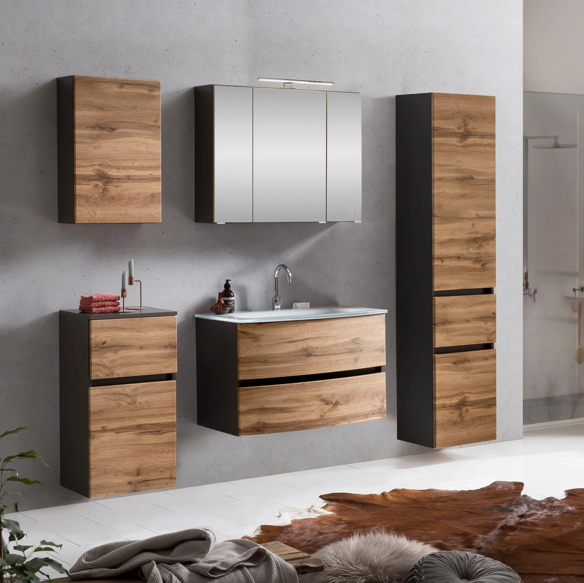 Ensemble de salle de bains Kornel 13 à 5 pièces avec vasque blanche - gris graphite/chêne