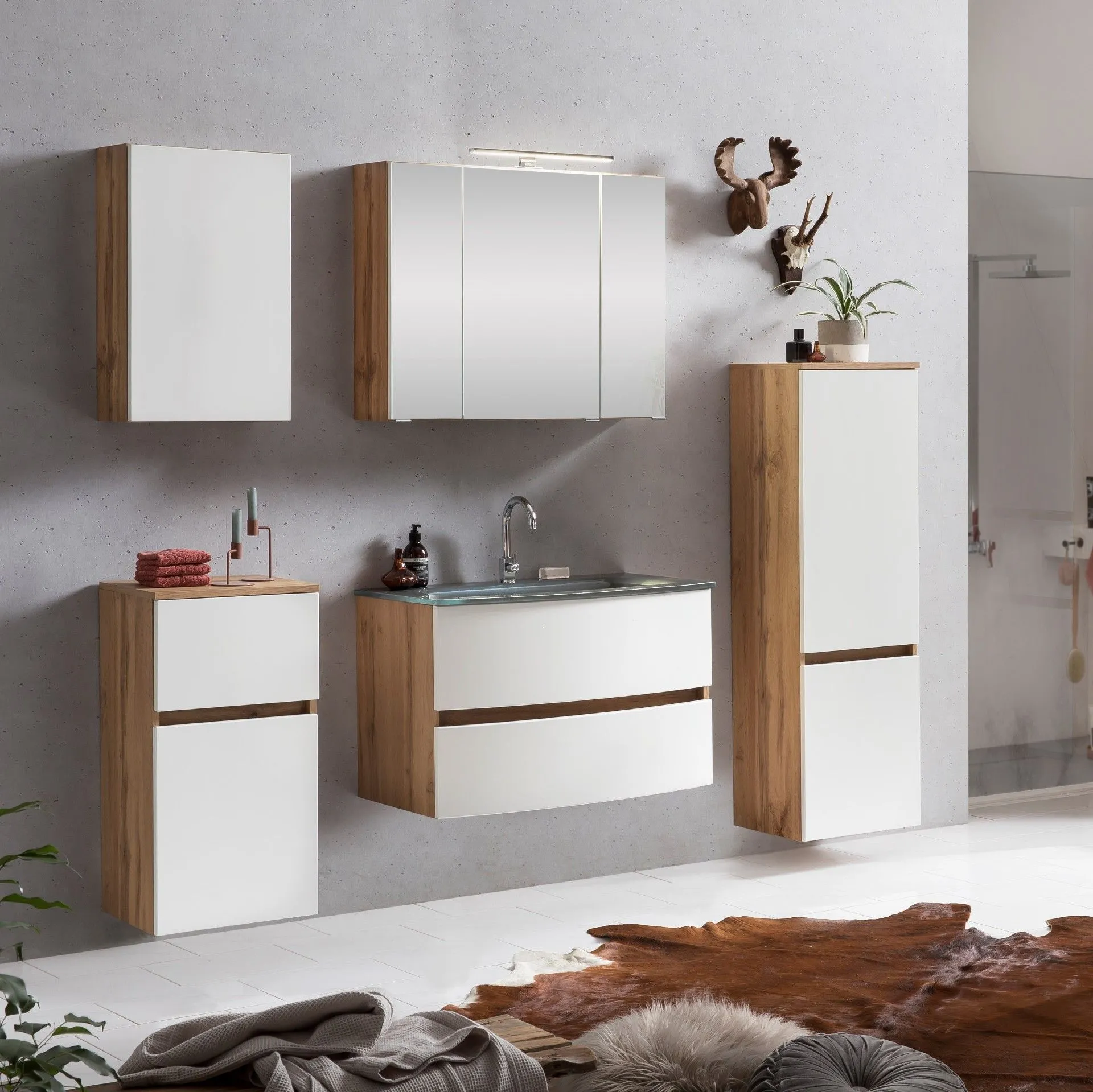 Ensemble de salle de bains Kornel 12 à 5 pièces avec vasque grise - chêne/blanc mat