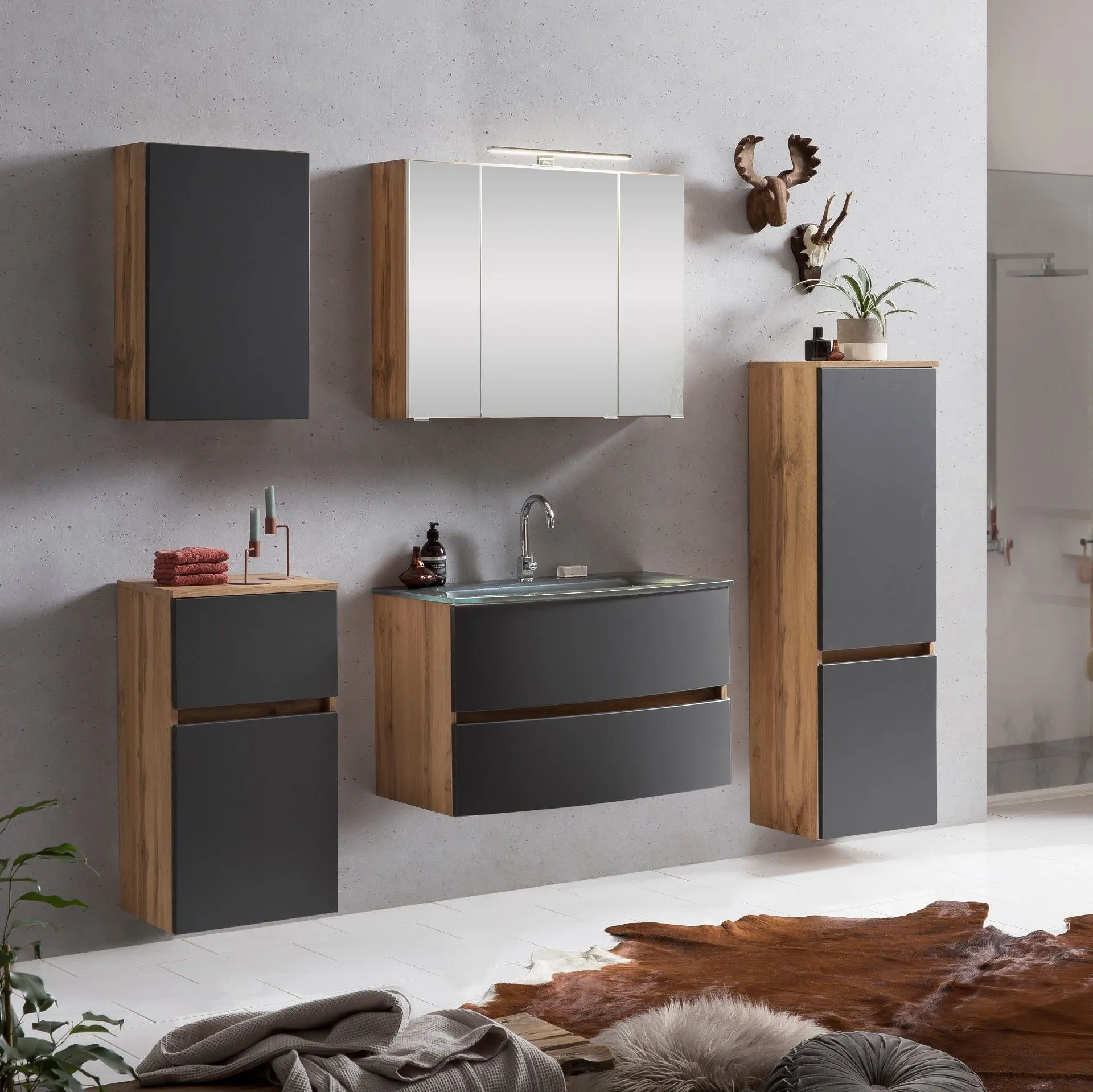 Ensemble de salle de bains Kornel 12 à 5 pièces avec vasque blanche - chêne/gris mat