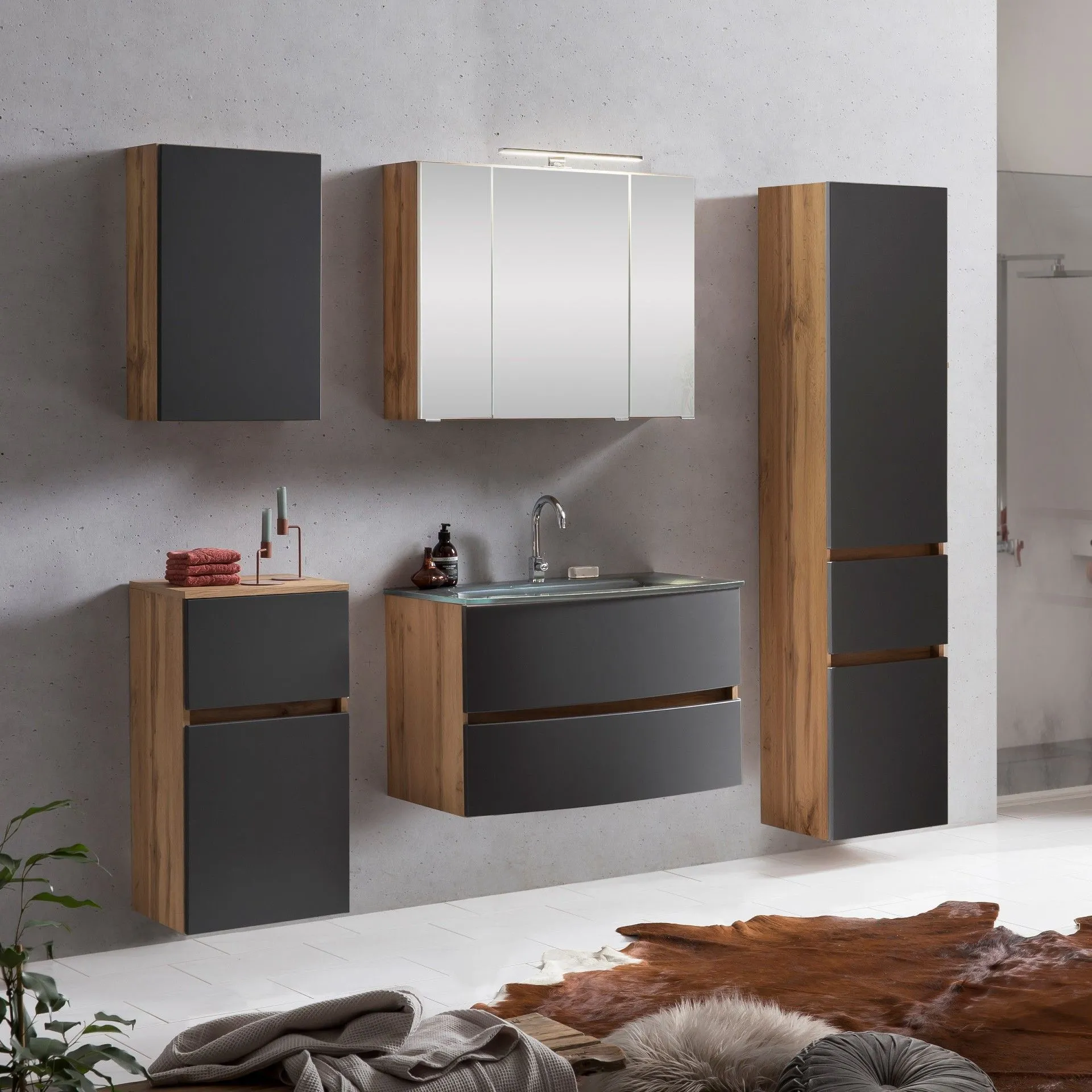 Ensemble de salle de bains Kornel 14 à 5 pièces avec vasque grise - chêne/gris mat