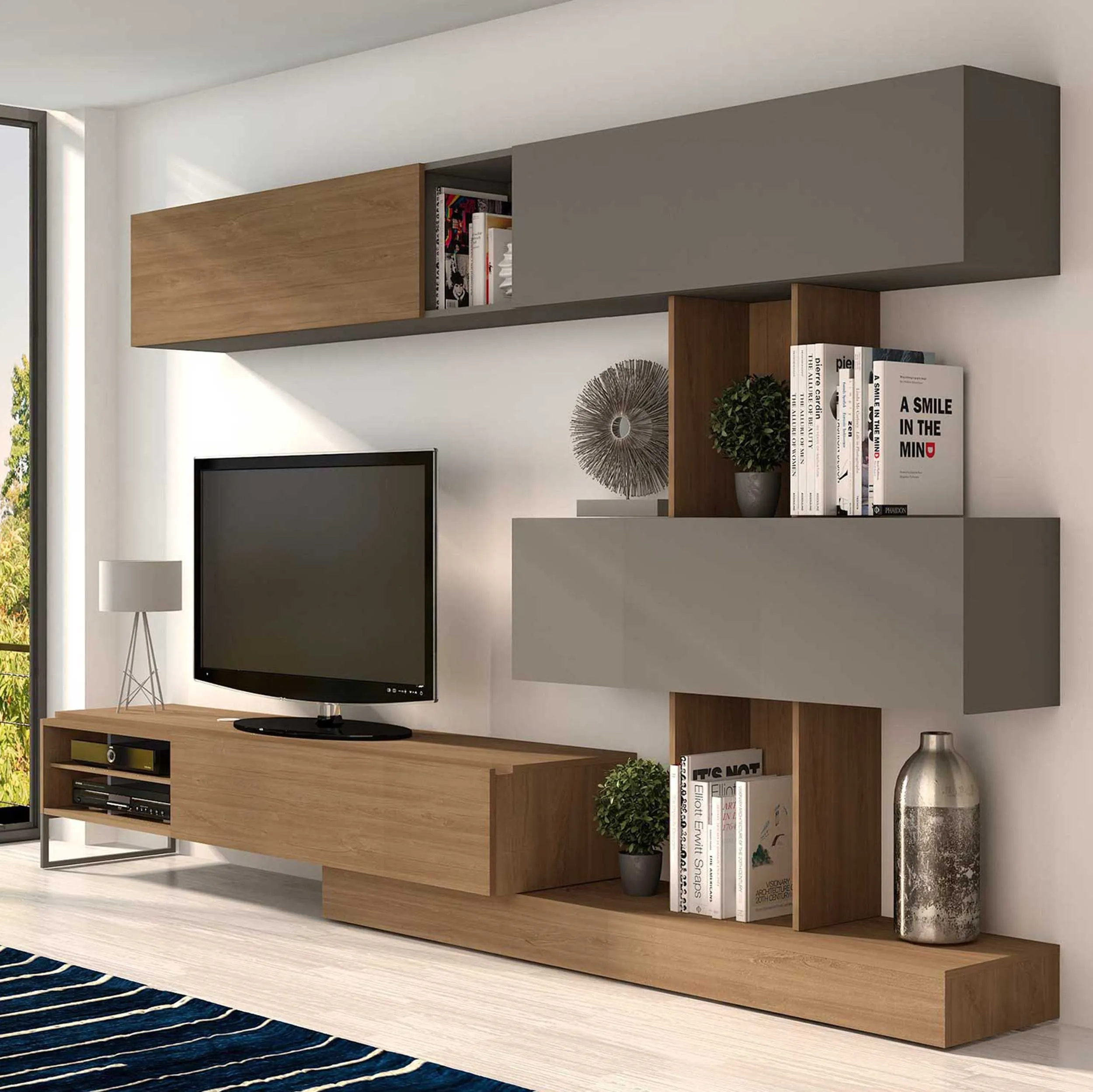 Meuble TV Judith 270cm 4 portes - gris/ décor en chêne