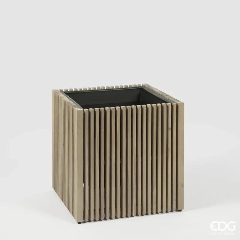EDG Enzo De Gasperi Vase Square Strips Acacia Wood Grey 50 x 51 x 51 C