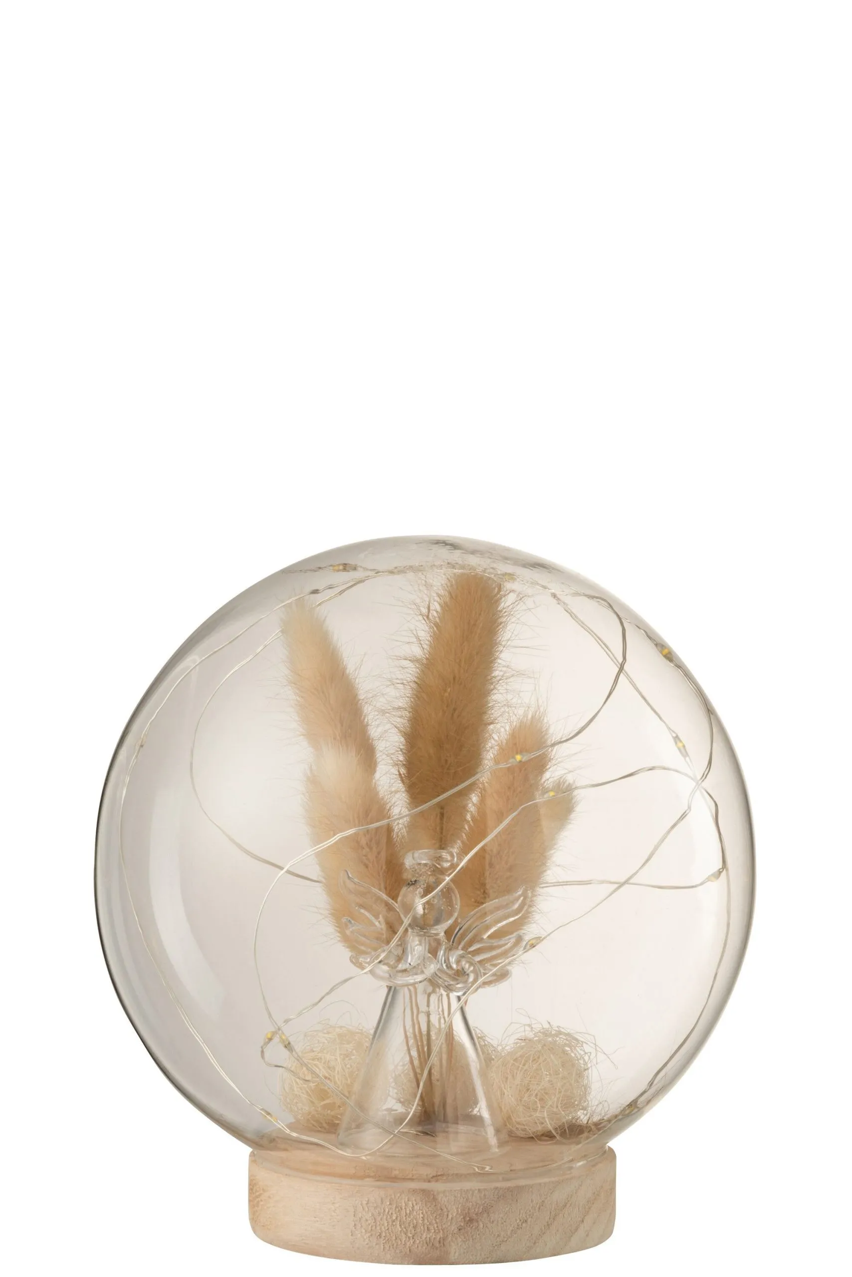 Cloche boule led ange verre/bois naturel large
