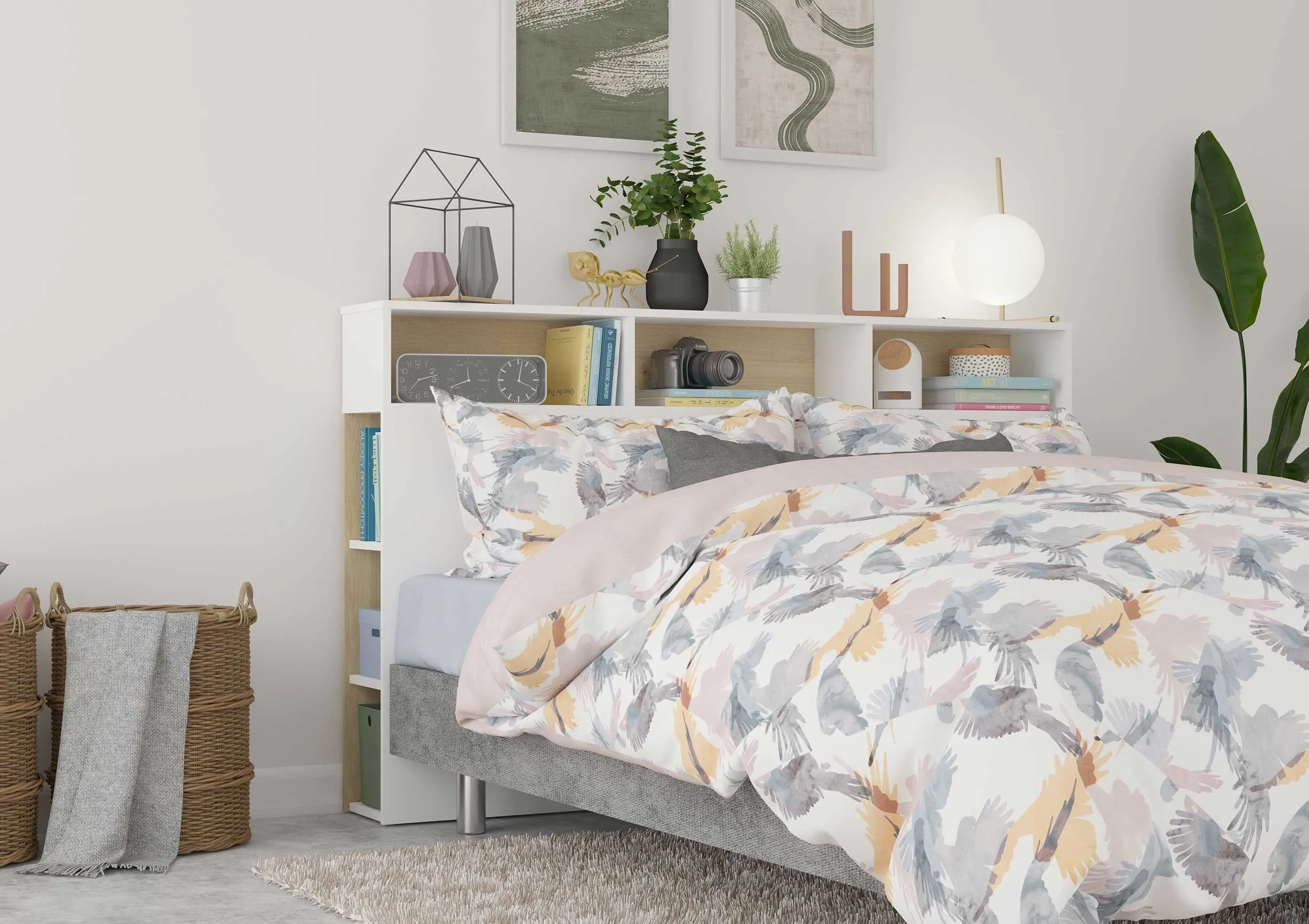 Tête de lit avec espace de rangement Keith 162cm - blanc/ chêne clair