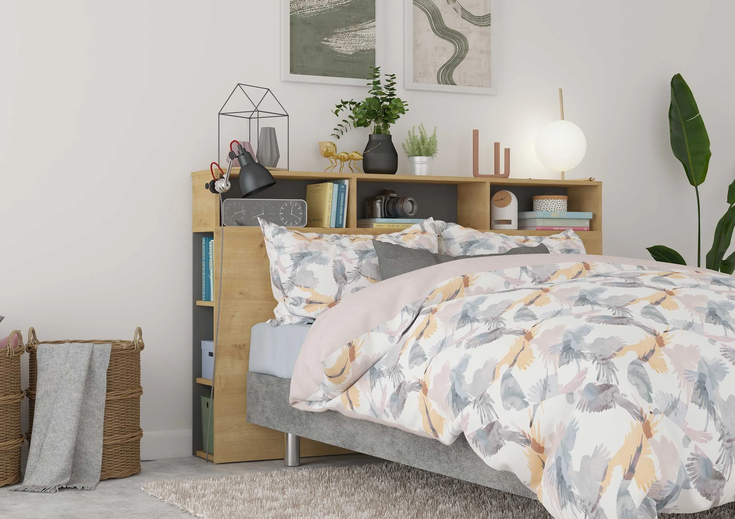 Tête de lit avec espace de rangement Keith 162cm - chêne clair/ noir