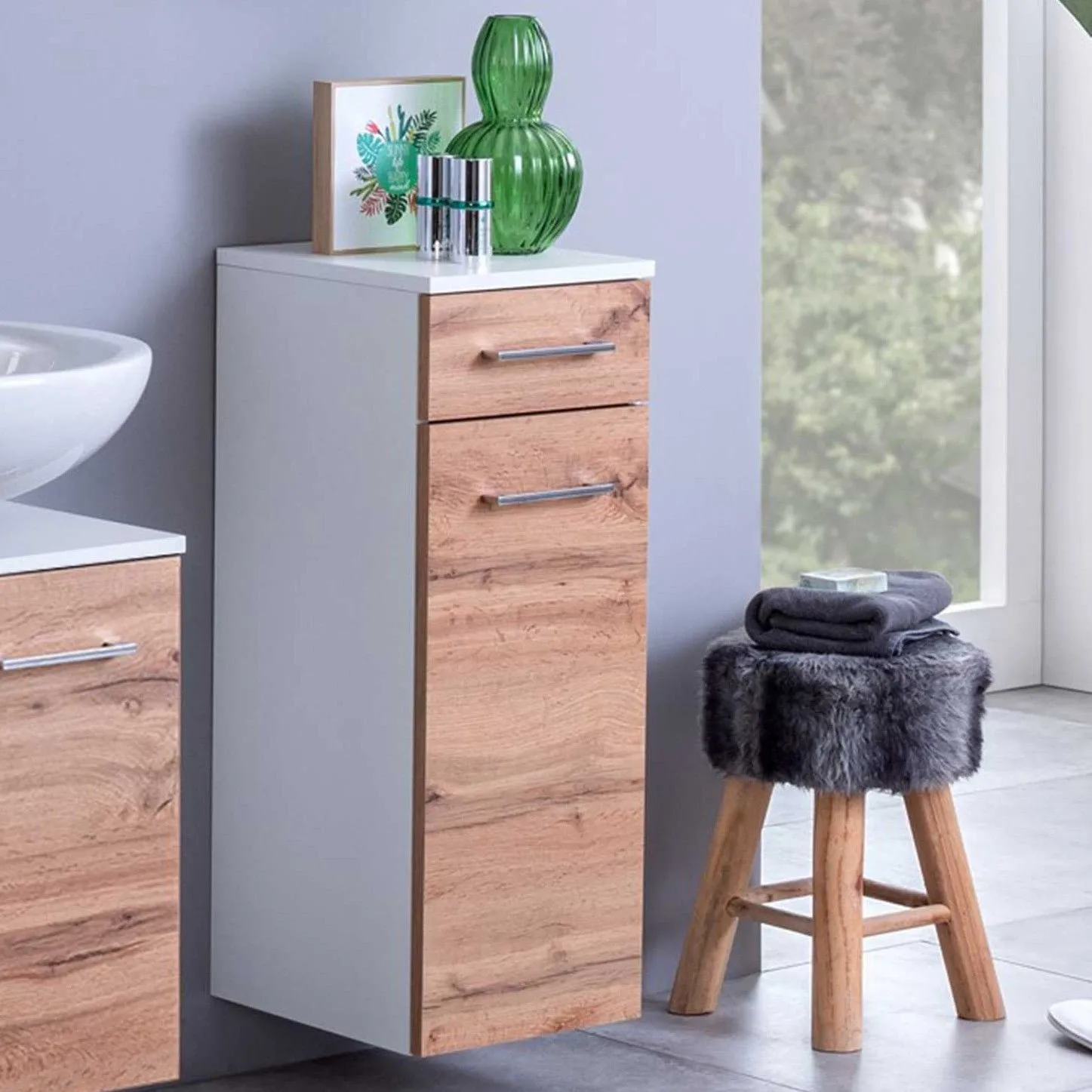 Armoire salle de bains Pares 30cm 1 porte & 1 tiroir - blanc/chêne wotan