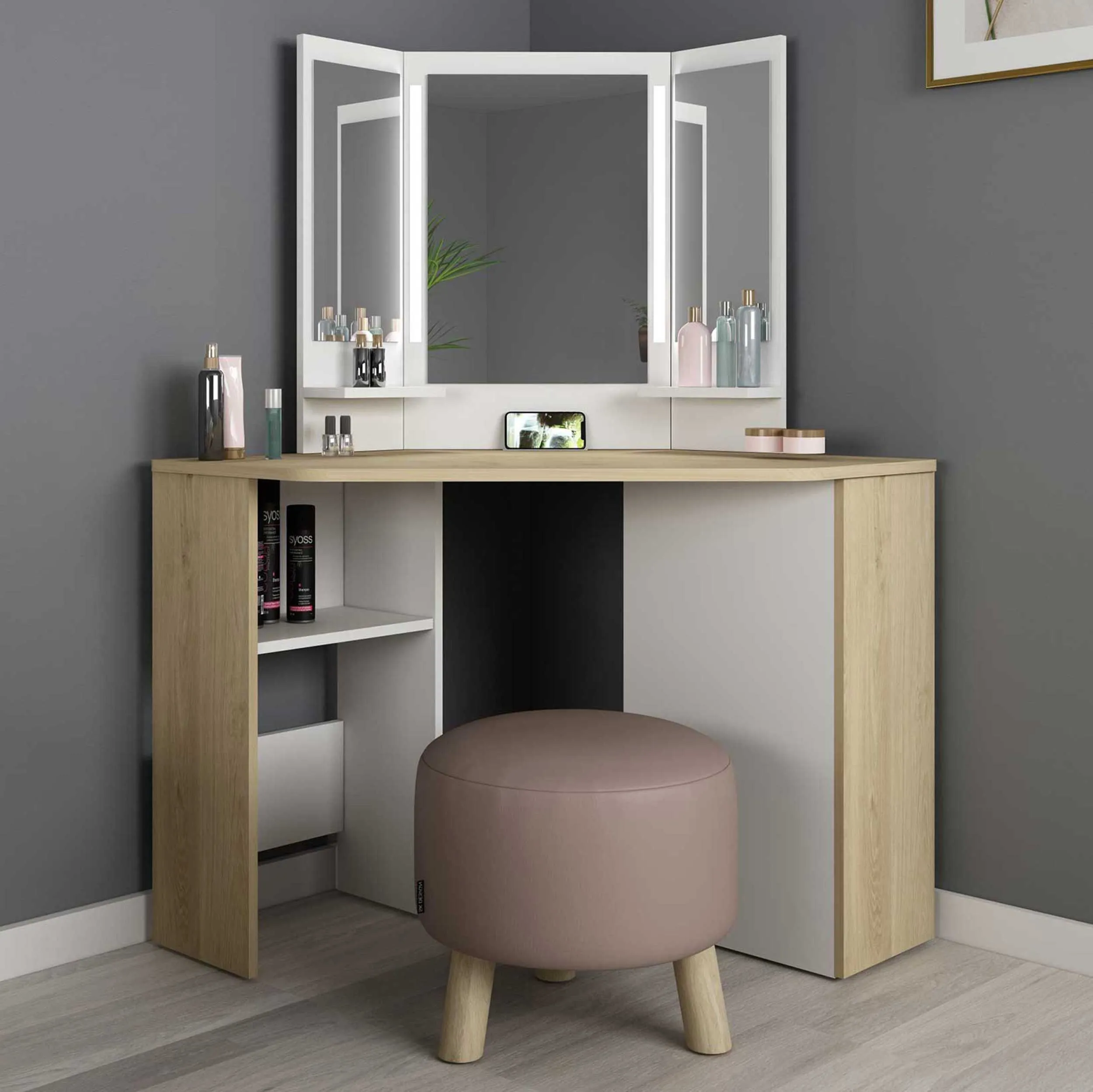 Coiffeuse d'angle Chic - chêne/blanc