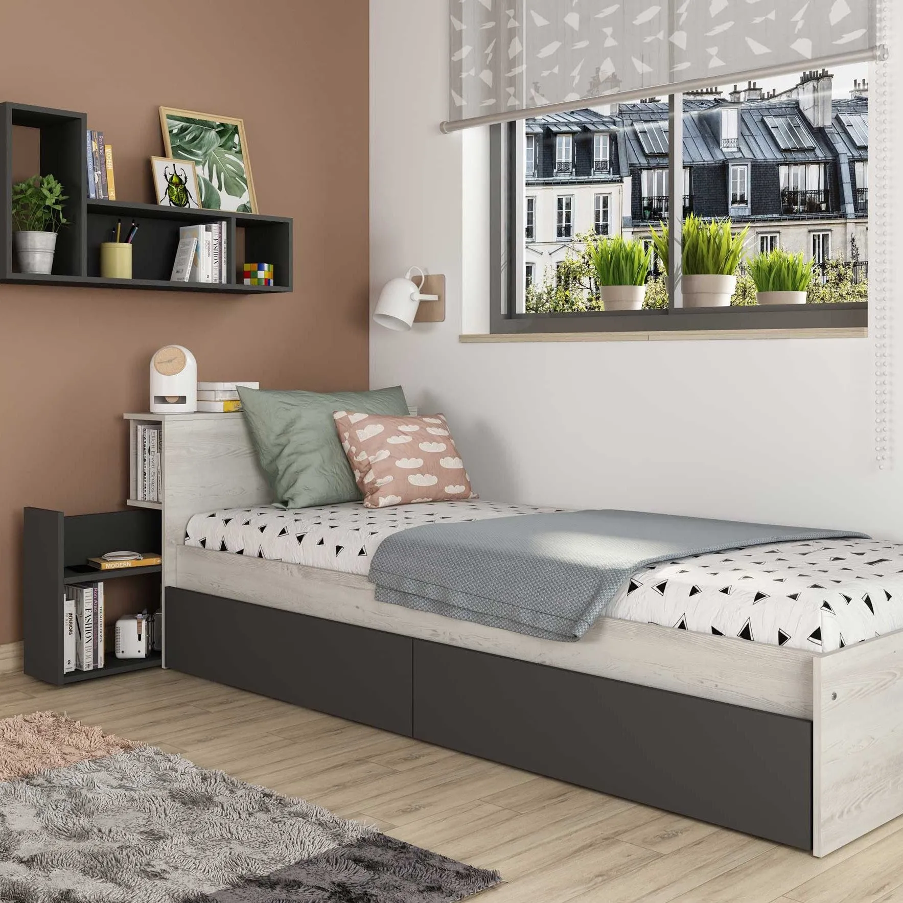 Lit simple Kazim 90x200 avec espaces de rangement - gris
