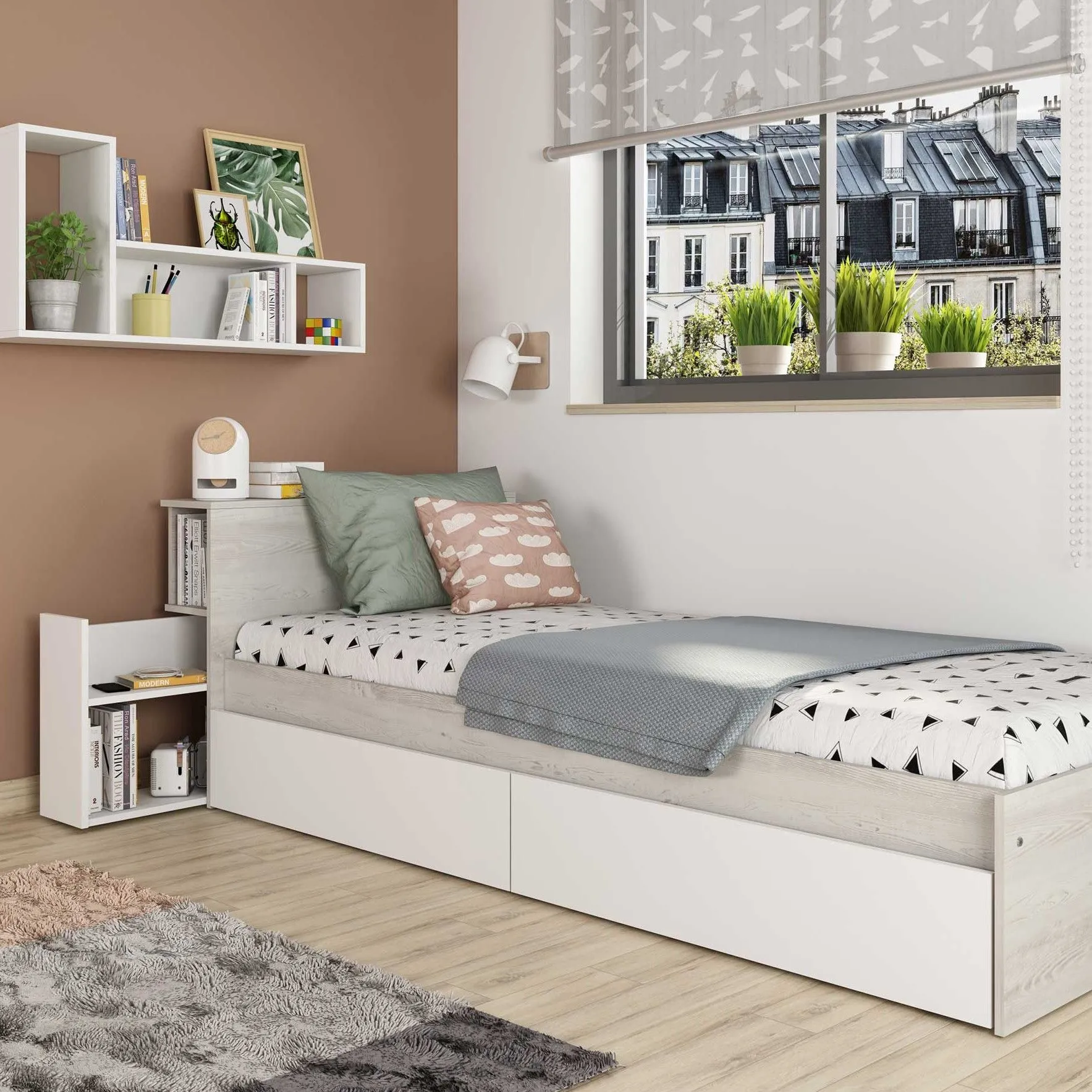 Lit simple Kazim 90x200 avec espaces de rangement - blanc