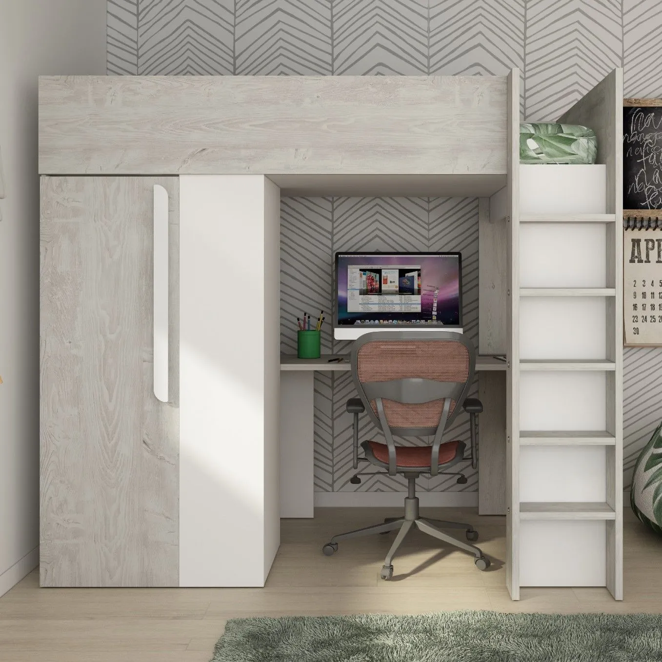 Lit mezzanine Beau 90x200 avec bureau et armoire - blanc