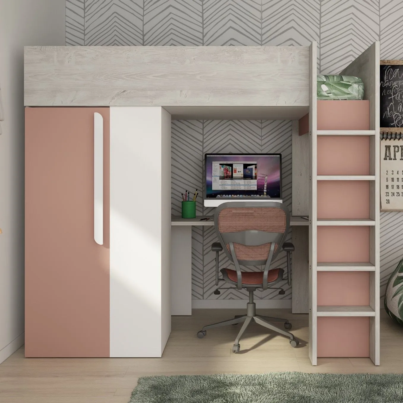 Lit combiné Beau 90x200 avec bureau et armoire - vieux rose