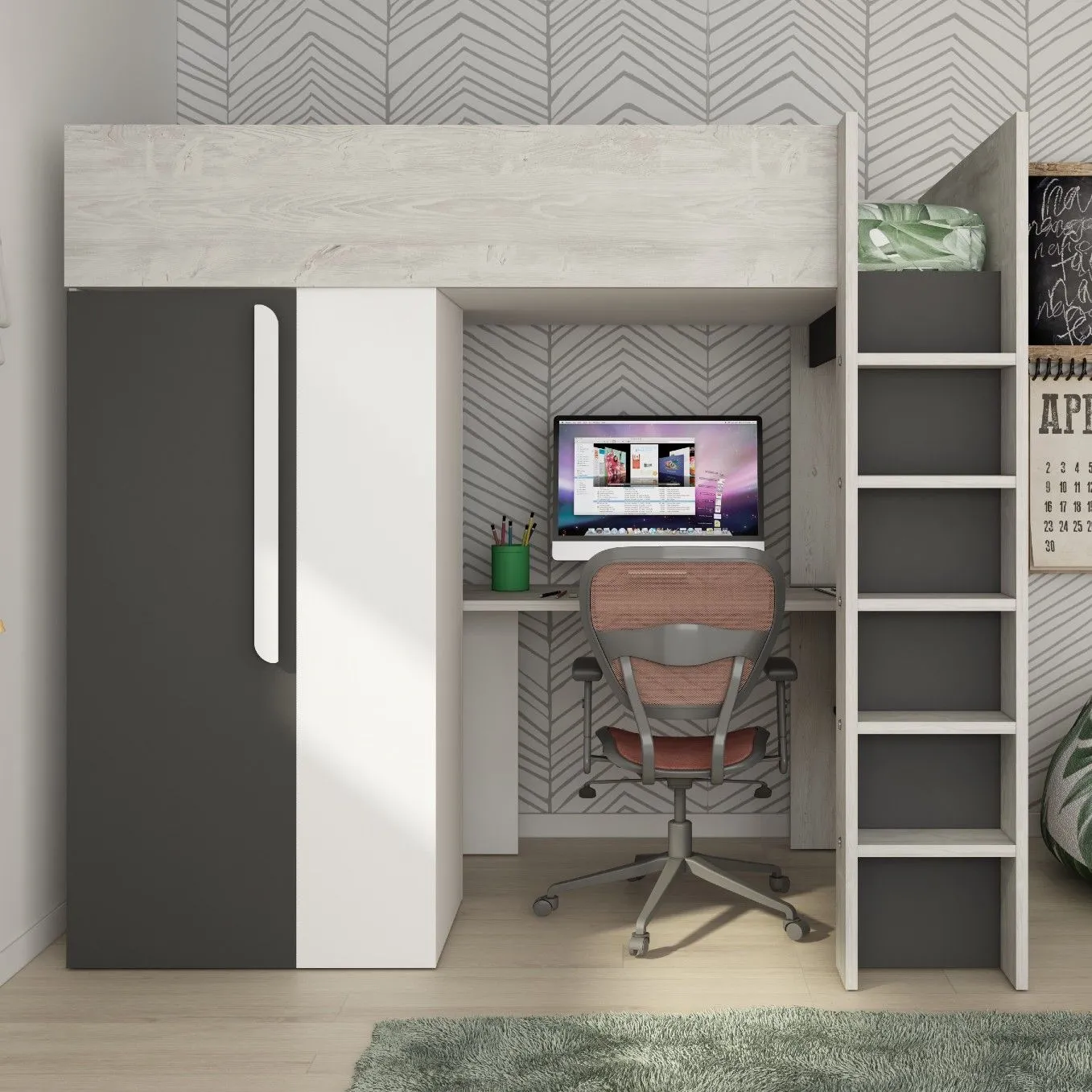 Lit combiné Beau 90x200 avec bureau et armoire - anthracite