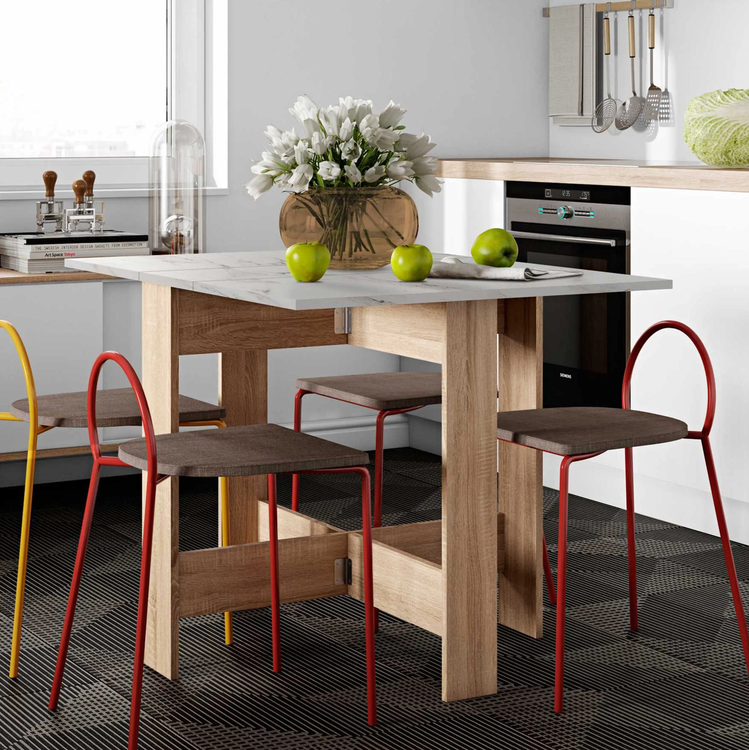 Table à manger pliable Papillon 103 cm - chêne/marbre