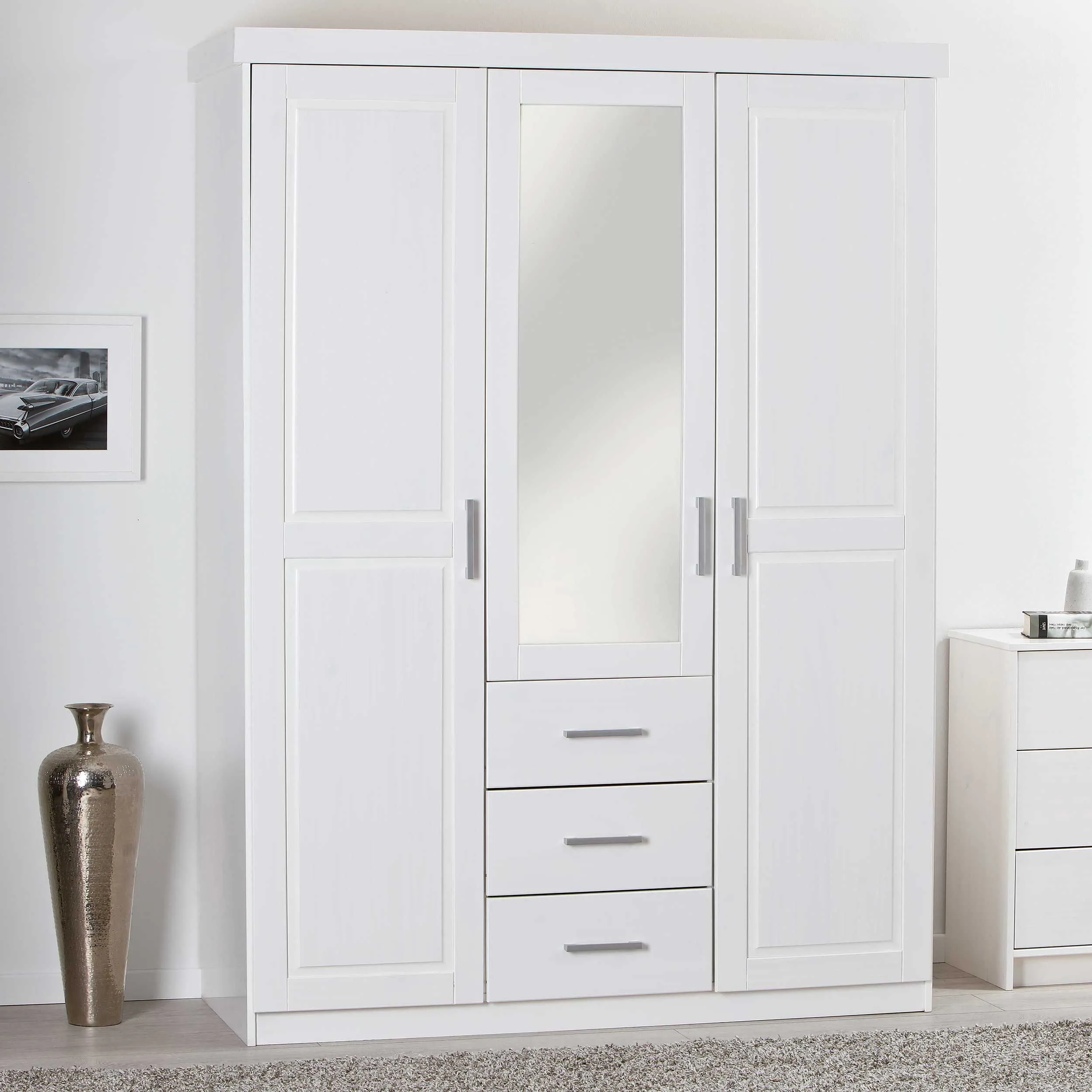 Armoire Geraldo 140cm avec 3 portes & miroir - blanc