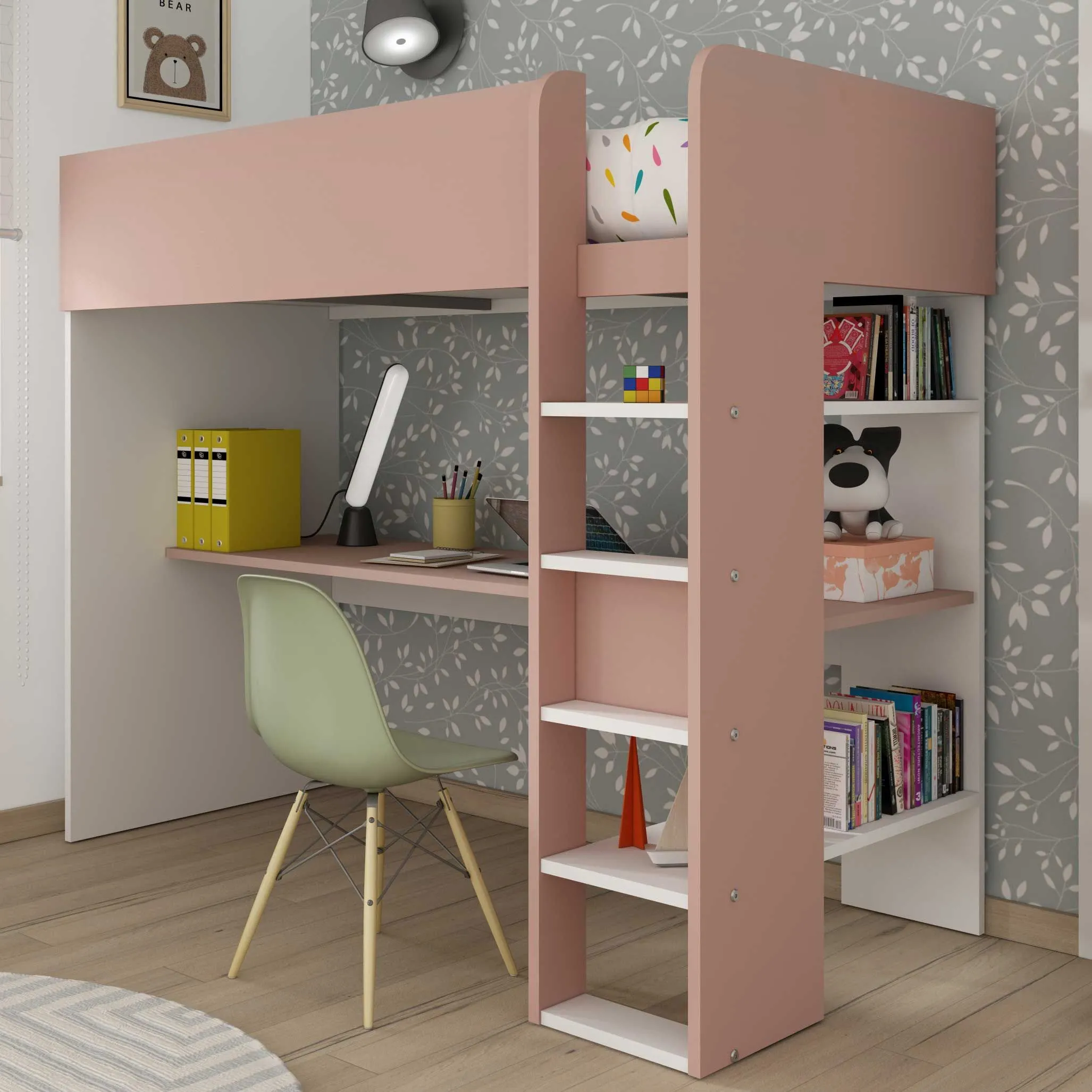 Lit mezzanine Jet avec bureau 90x200cm - vieux rose
