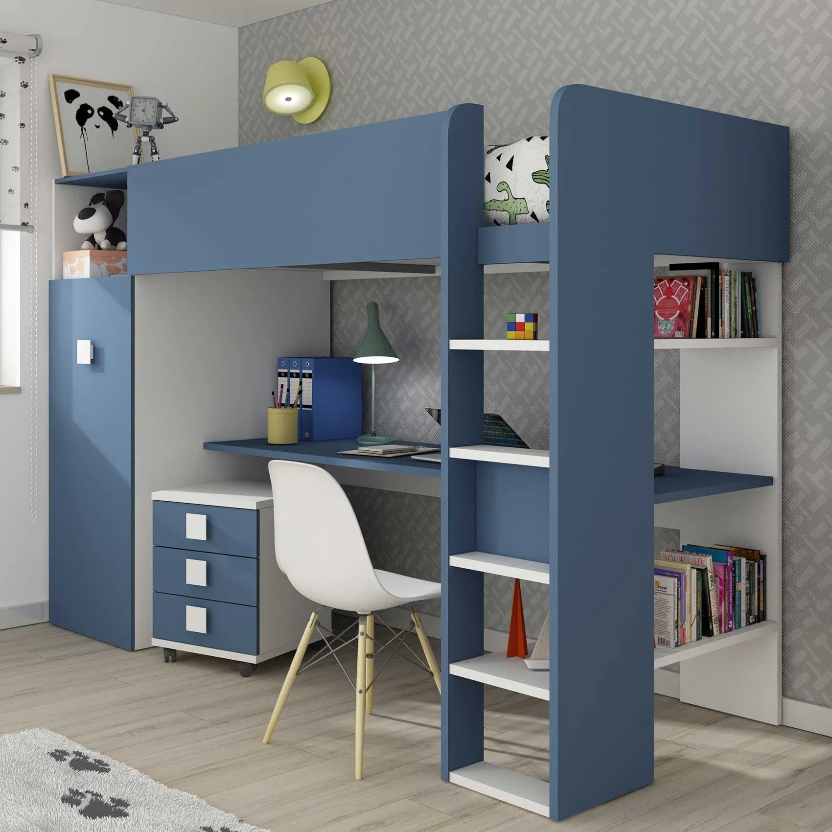 Lit mezzanine Jet avec bureau et armoire 90x200cm - bleu