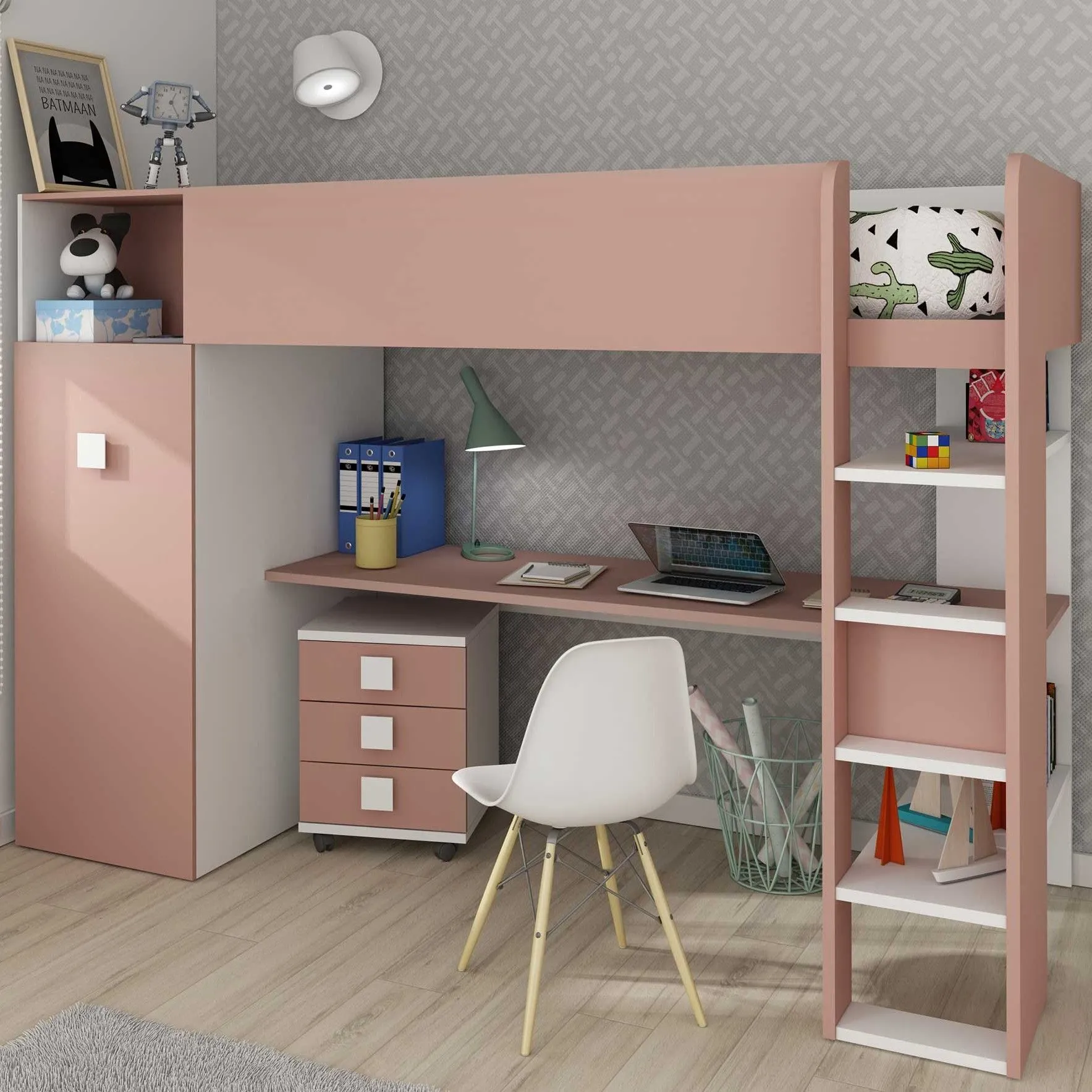 Lit mezzanine Jet avec bureau et armoire 90x200cm - vieux rose