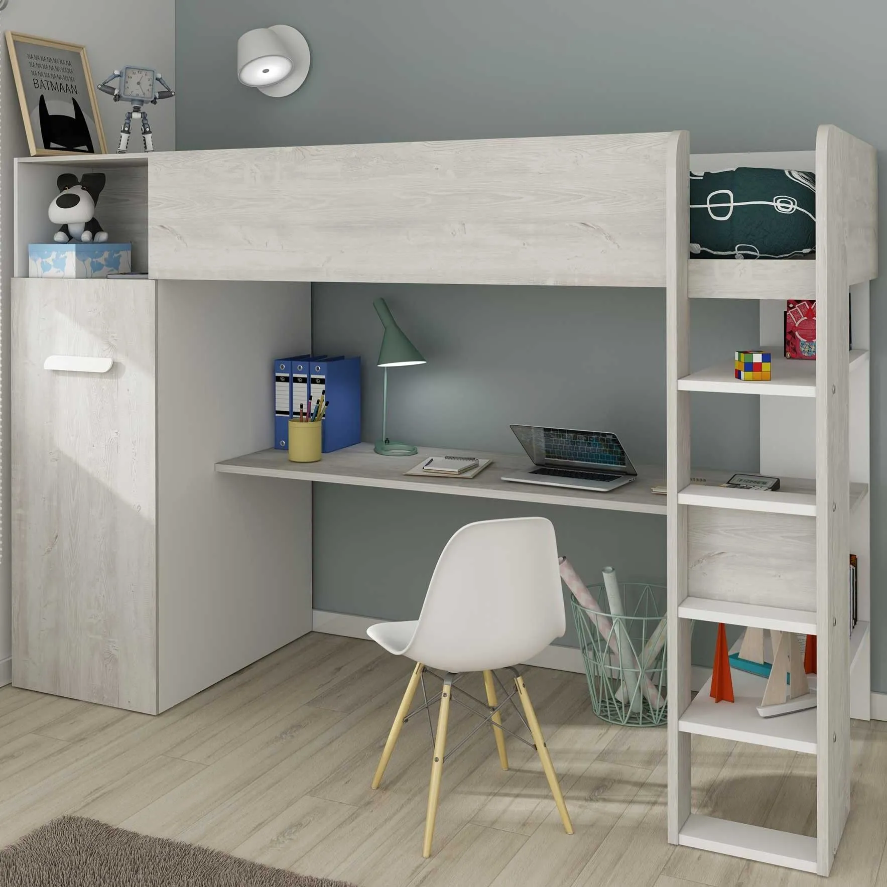 Lit mezzanine Jet avec bureau et armoire 90x200cm - blanc