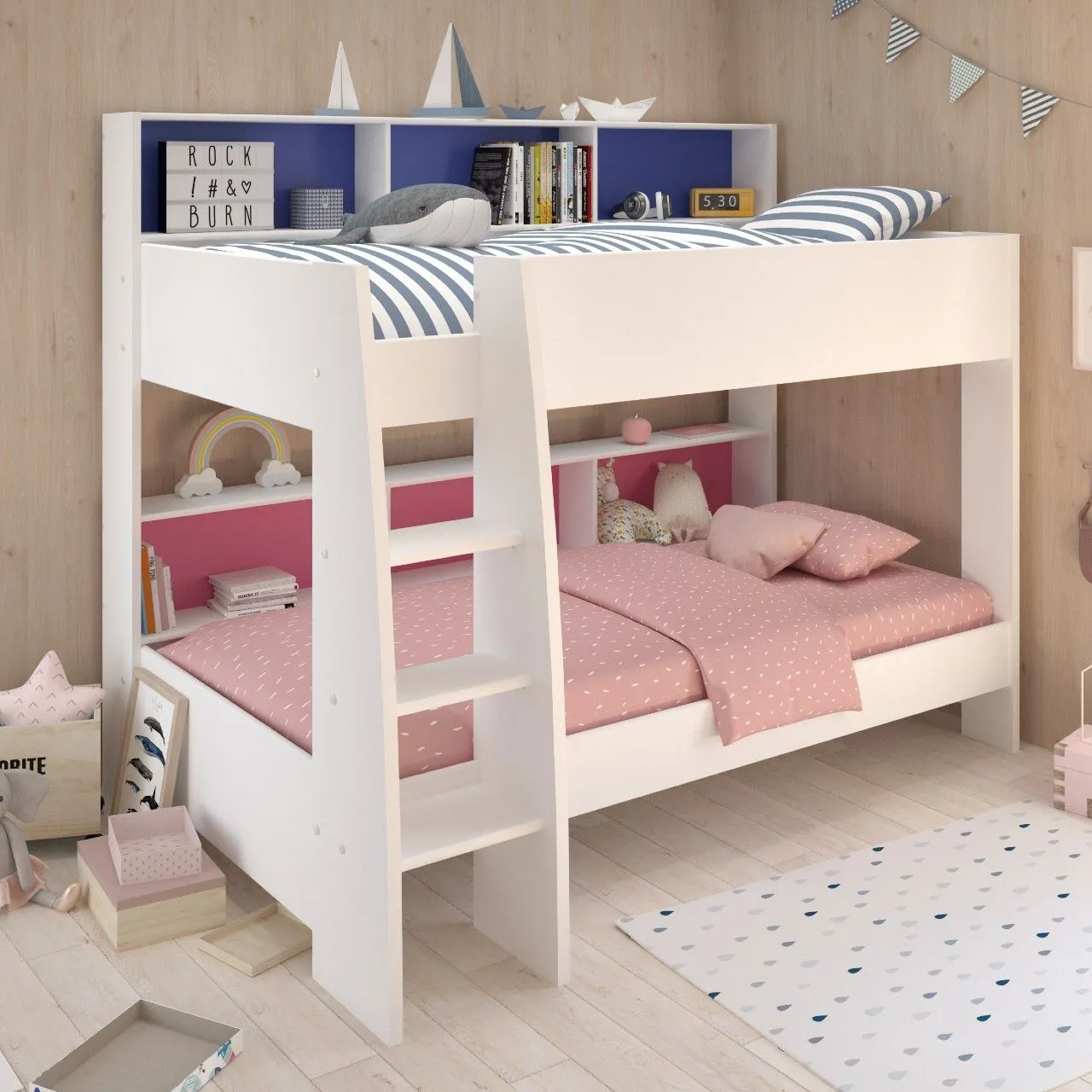 Lit superposé Leon sommiers incl. - blanc/bleu/rose