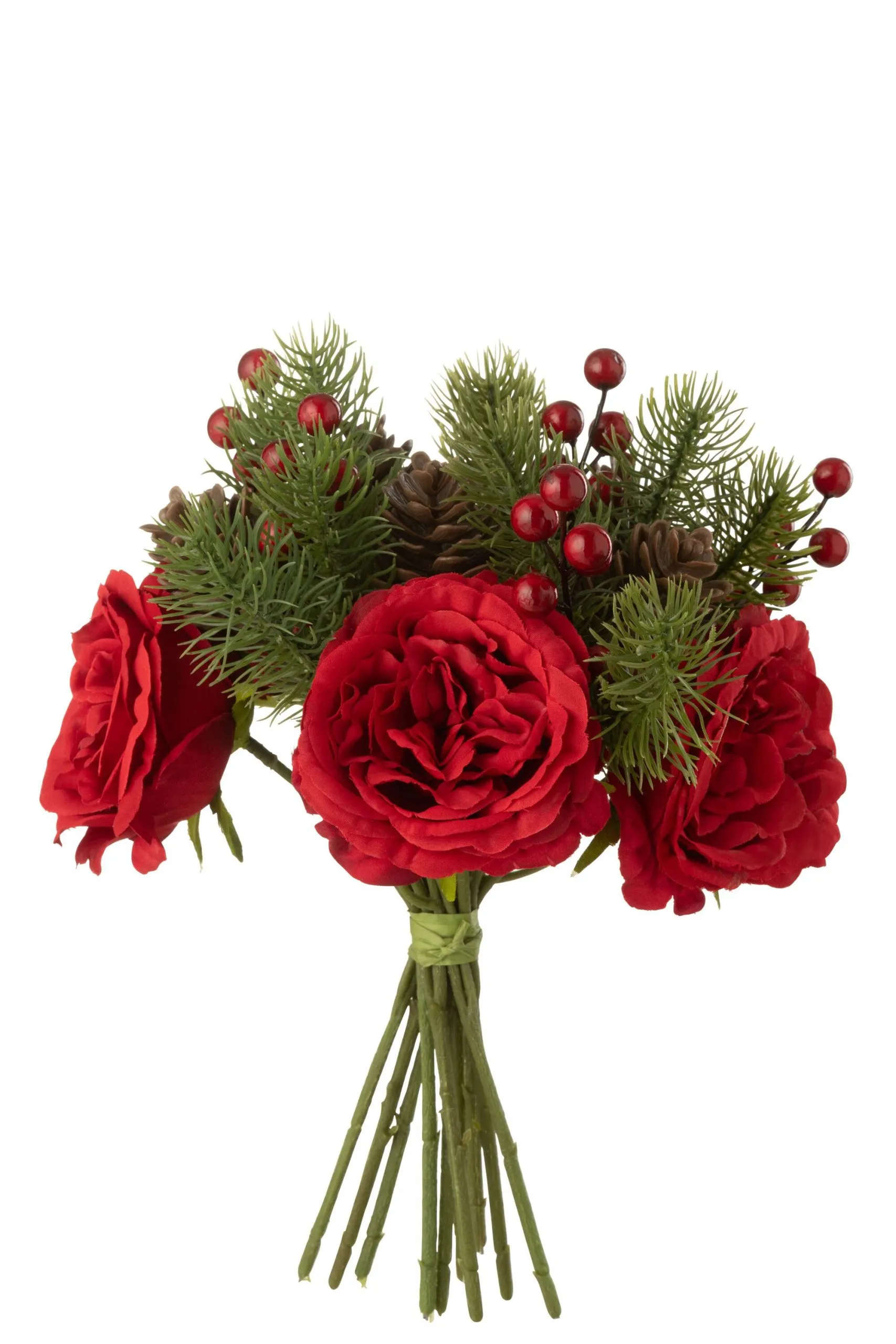 Bouquet roses/baies/branche de pin plastique rouge/vert large