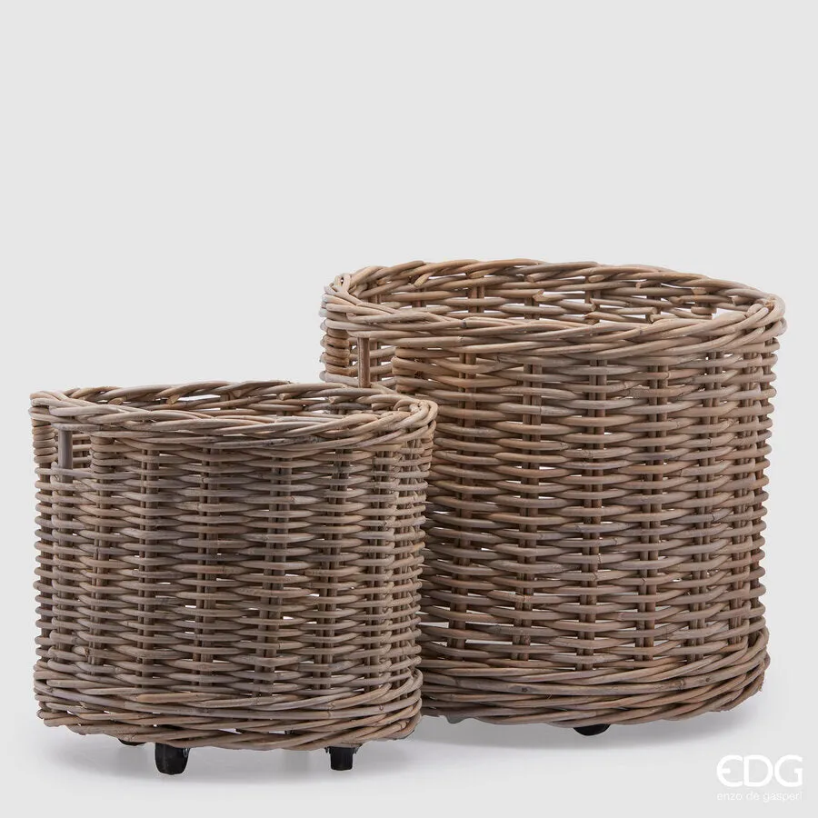 EDG Enzo De Gasperi Set 2 Pcs Rattan Basket with Wheels H 47 Cm H 36 C
