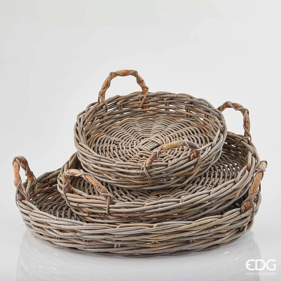 EDG Enzo De Gasperi Set 3 Pcs Round Rattan Basket with Handle H 7 Cm H