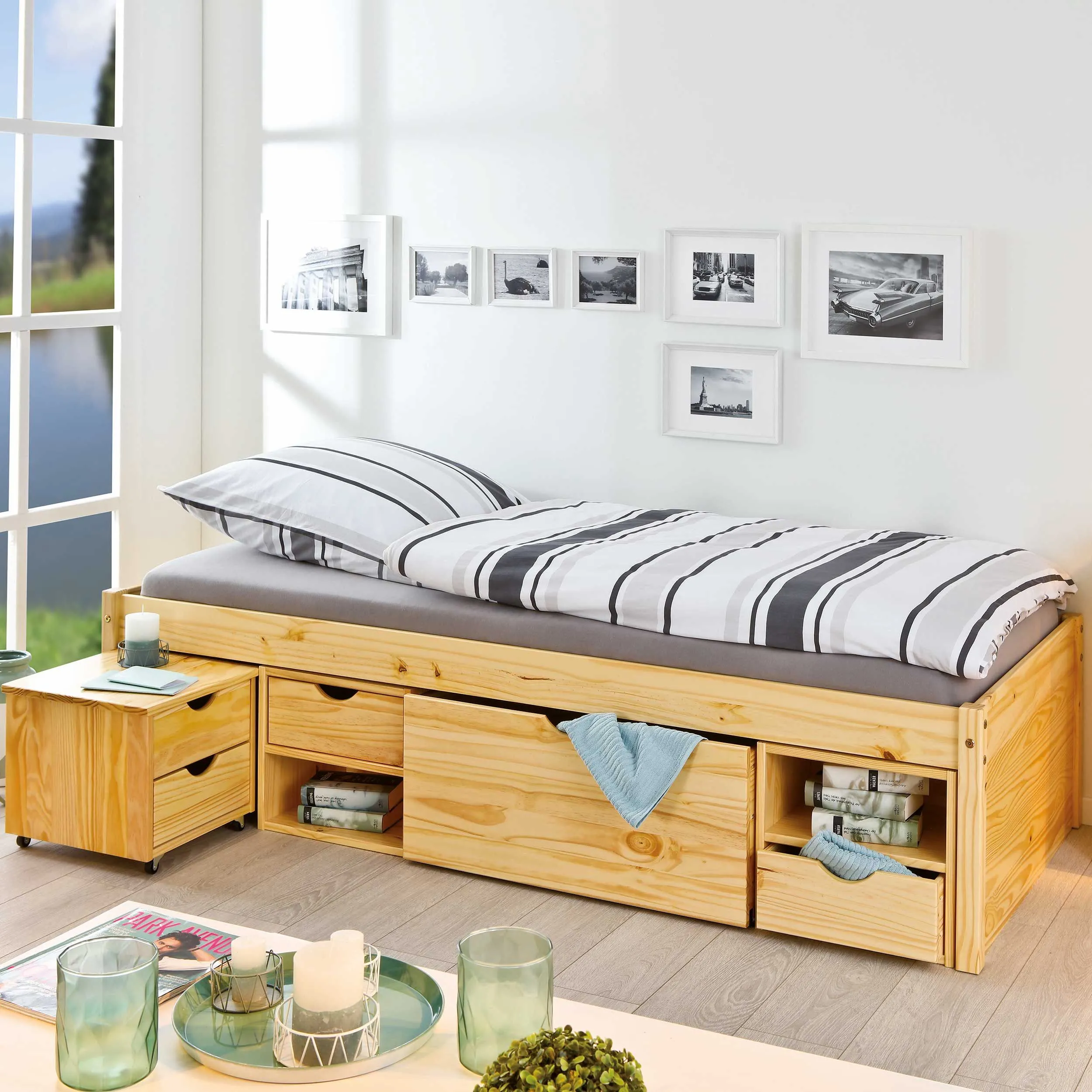 Lit banquette Xavier avec rangements - bois pin