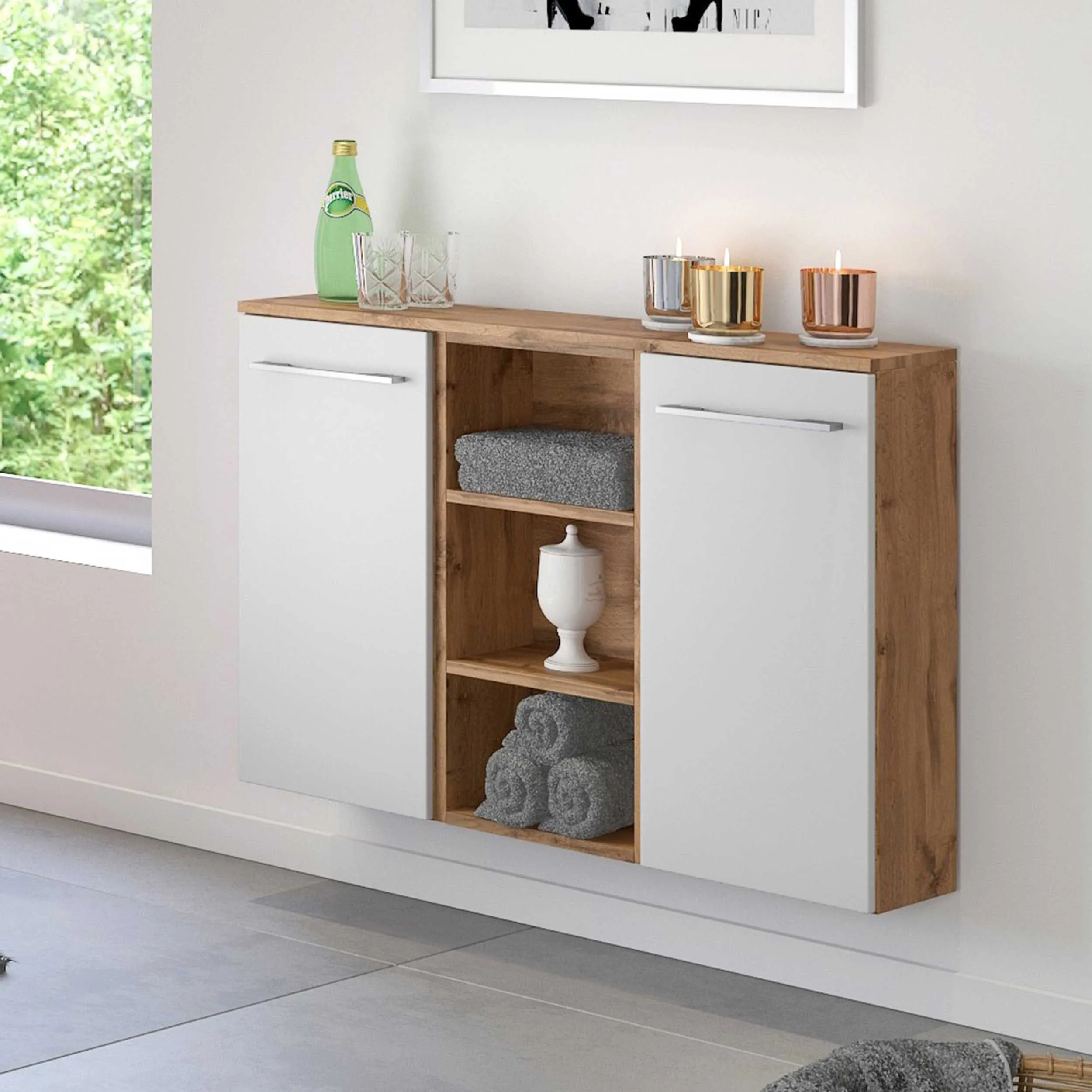 Armoire salle de bains Sefa 90cm 2 portes - chêne/blanc