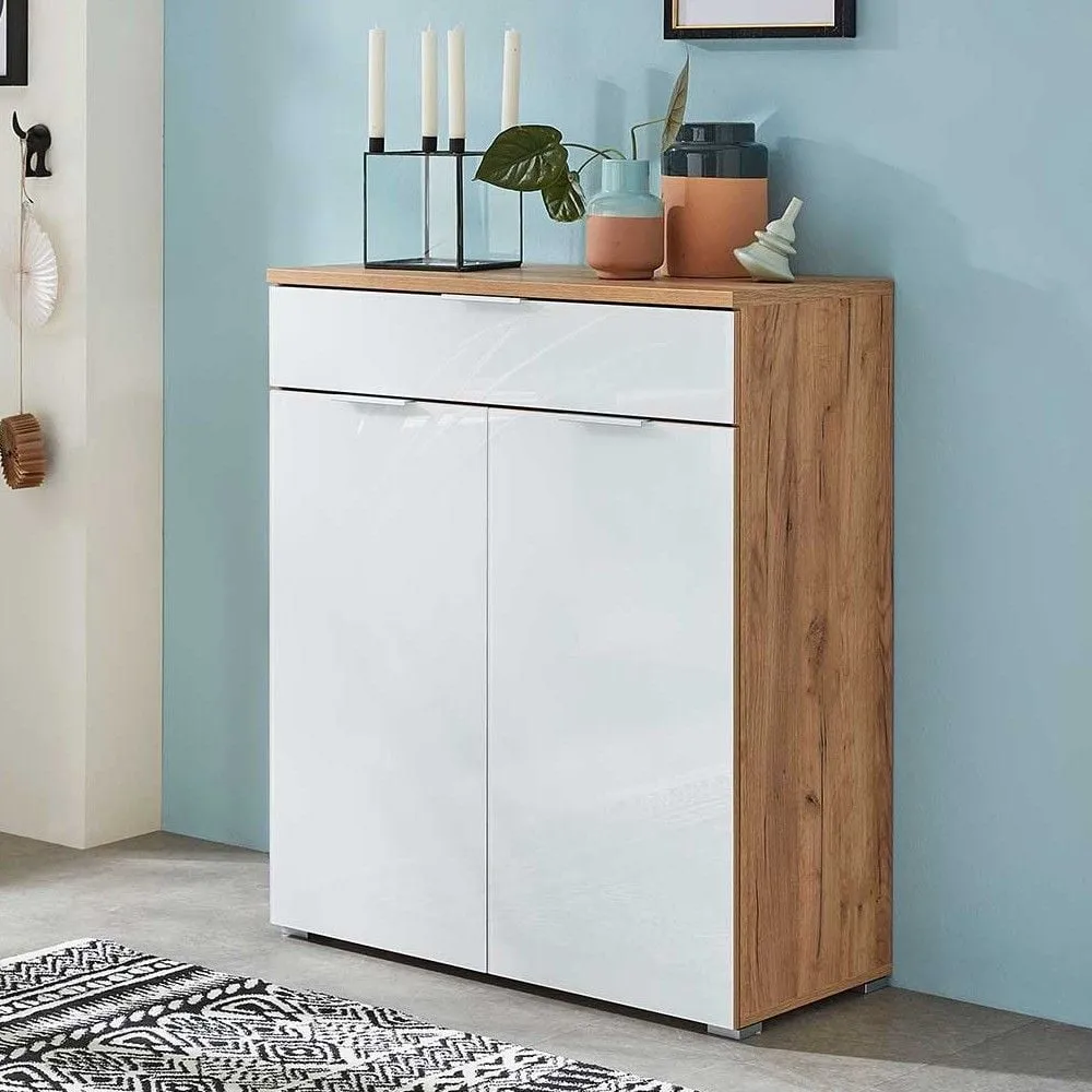 Commode Tille 89cm avec 2 portes & 1 tiroir - blanc/chêne