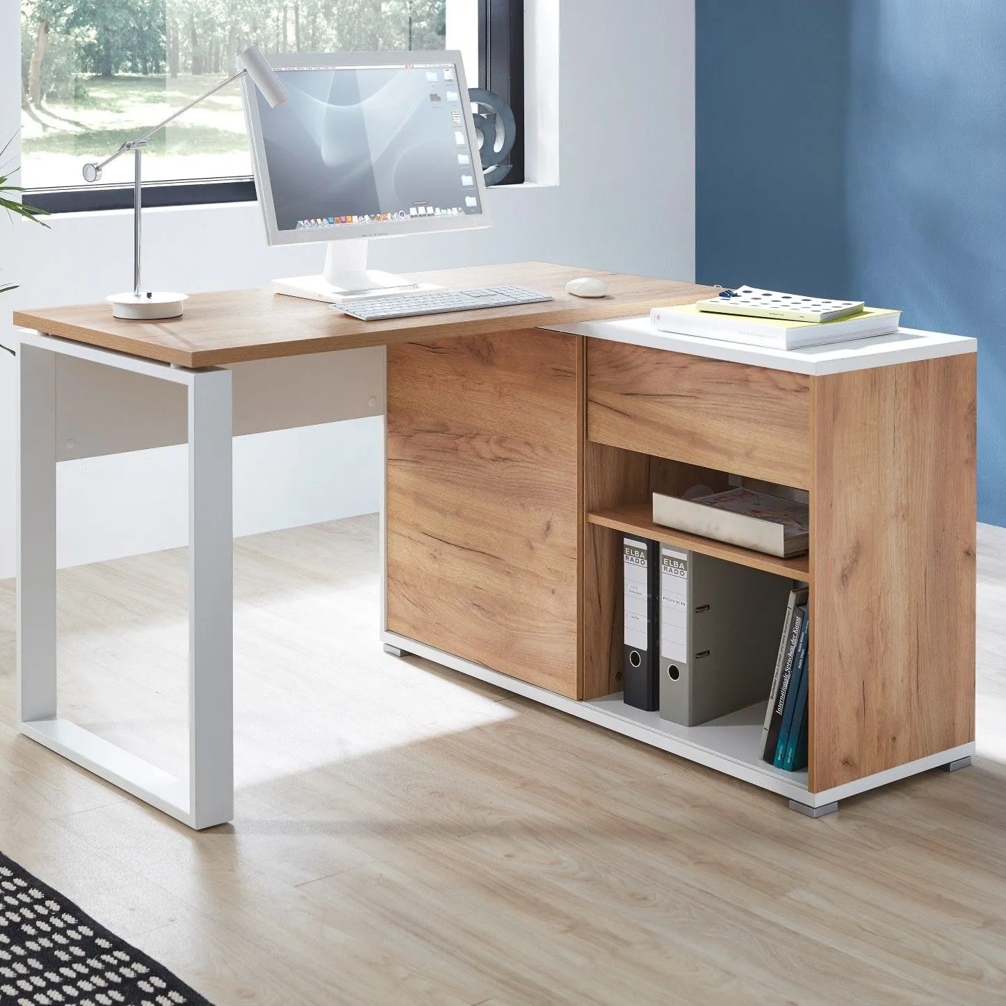 Bureau d'angle Lloris 117x120cm - blanc/chêne