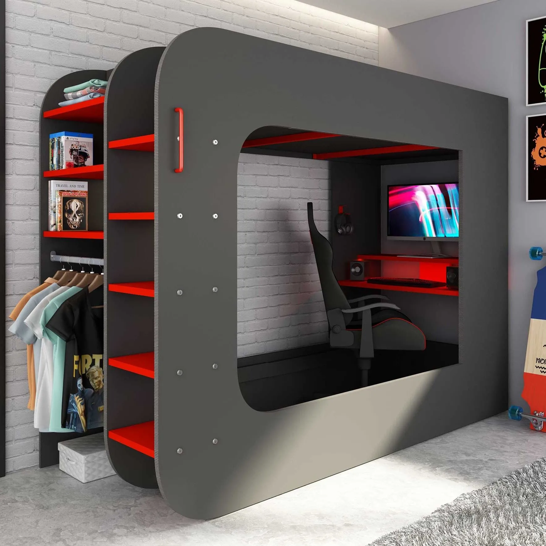 Lit mezzanine Graham avec bureau gamer 90x200cm - anthracite/rouge