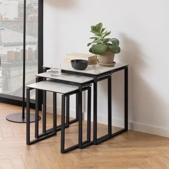 Lot de 3 tables d'appoint Nicola céramique - blanc/noir