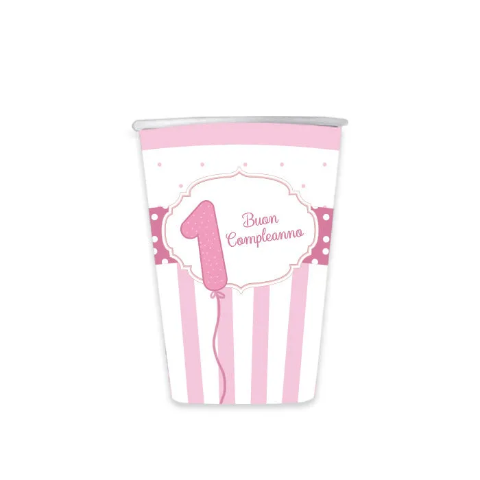 Big Party Paper Cups Happy First Birthday 250 Cc Cf 8 Pcs Pink